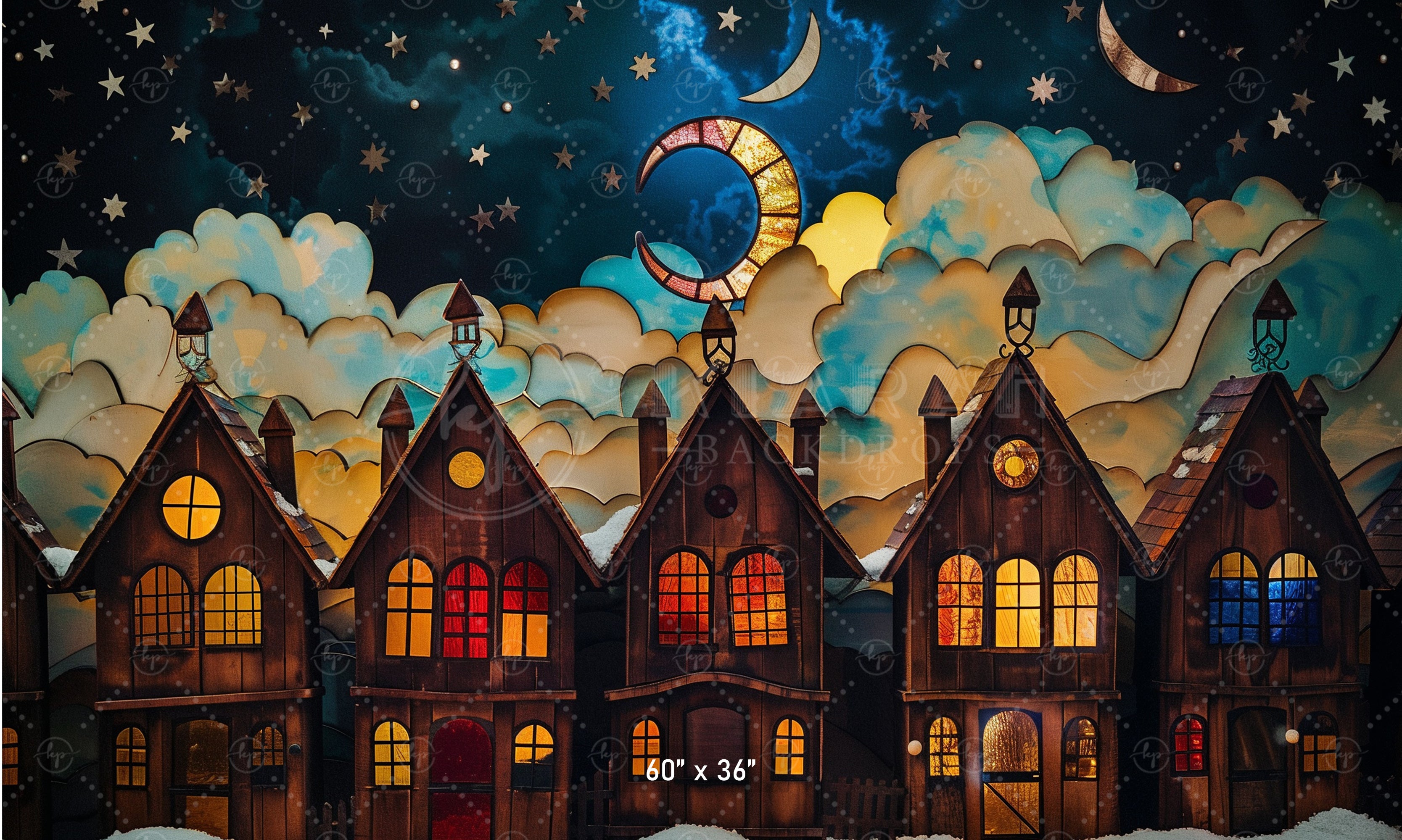 Starlit Winter Village Scene Backdrop