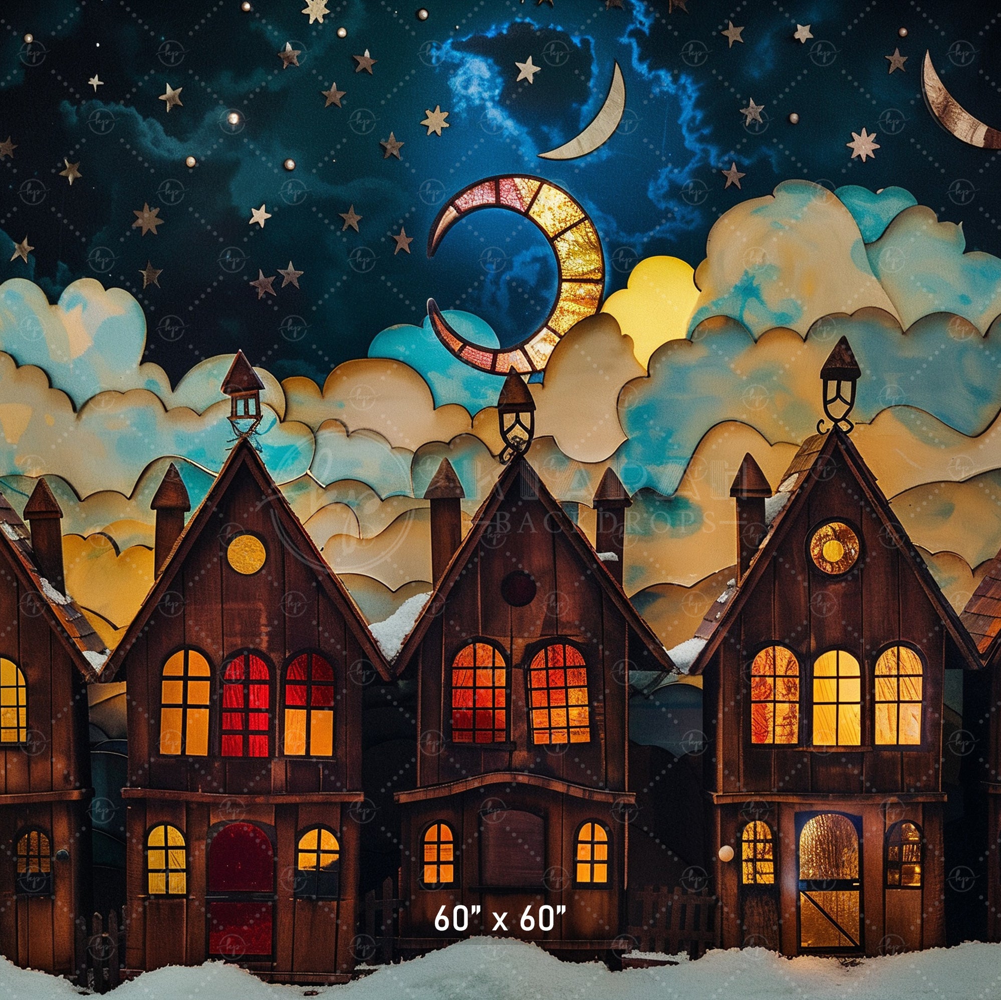 Starlit Winter Village Scene Backdrop