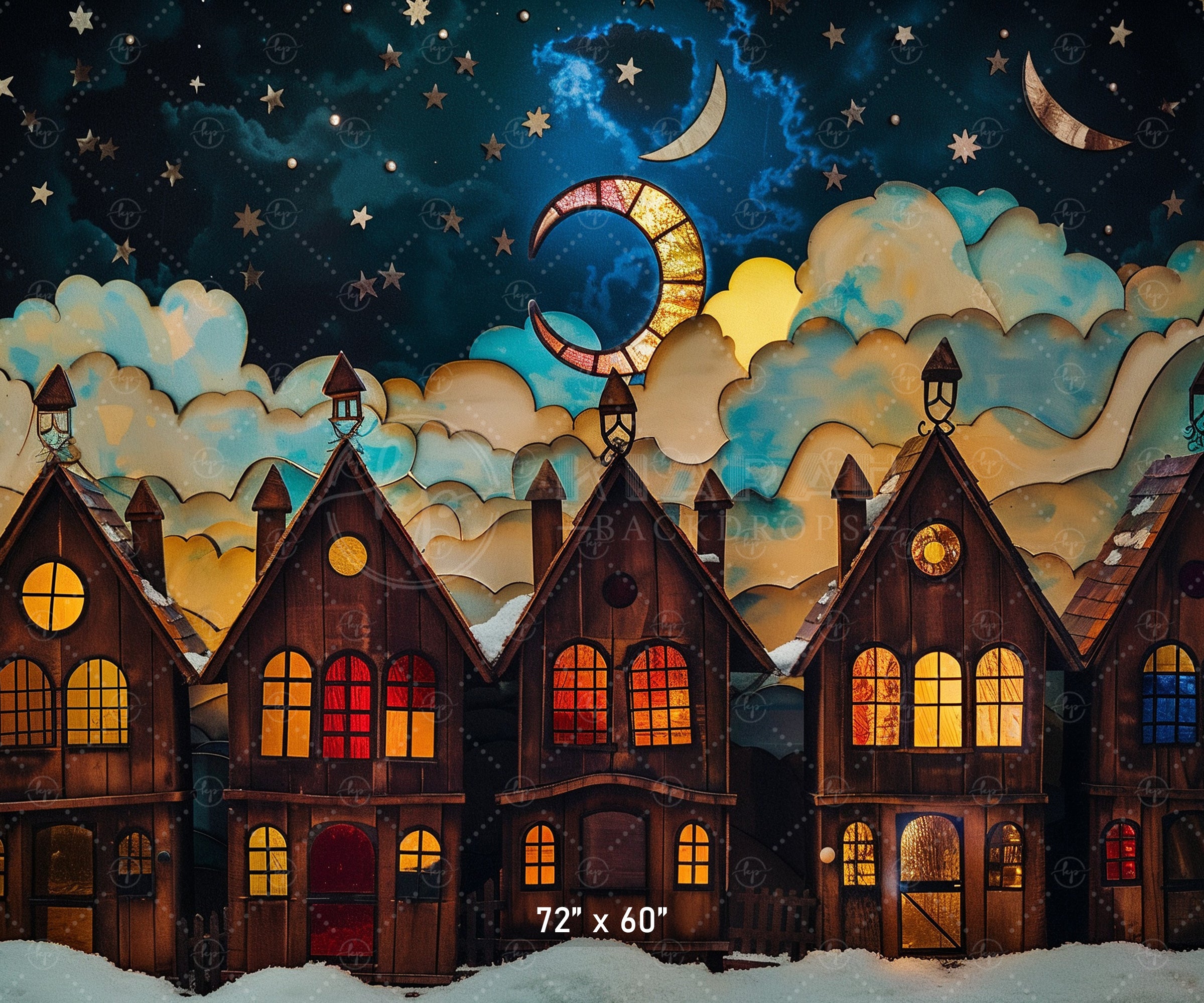 Starlit Winter Village Scene Backdrop