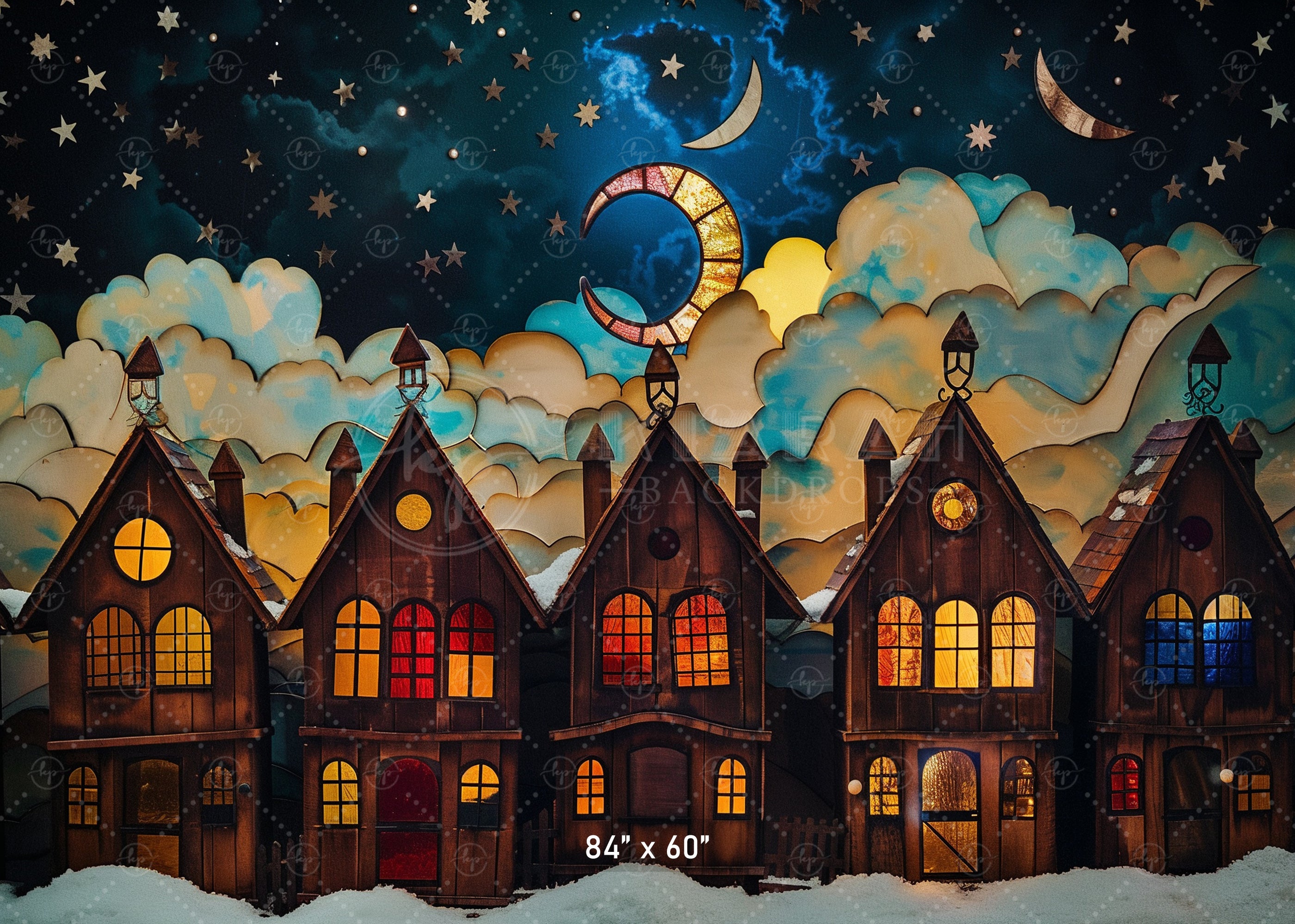 Starlit Winter Village Scene Backdrop