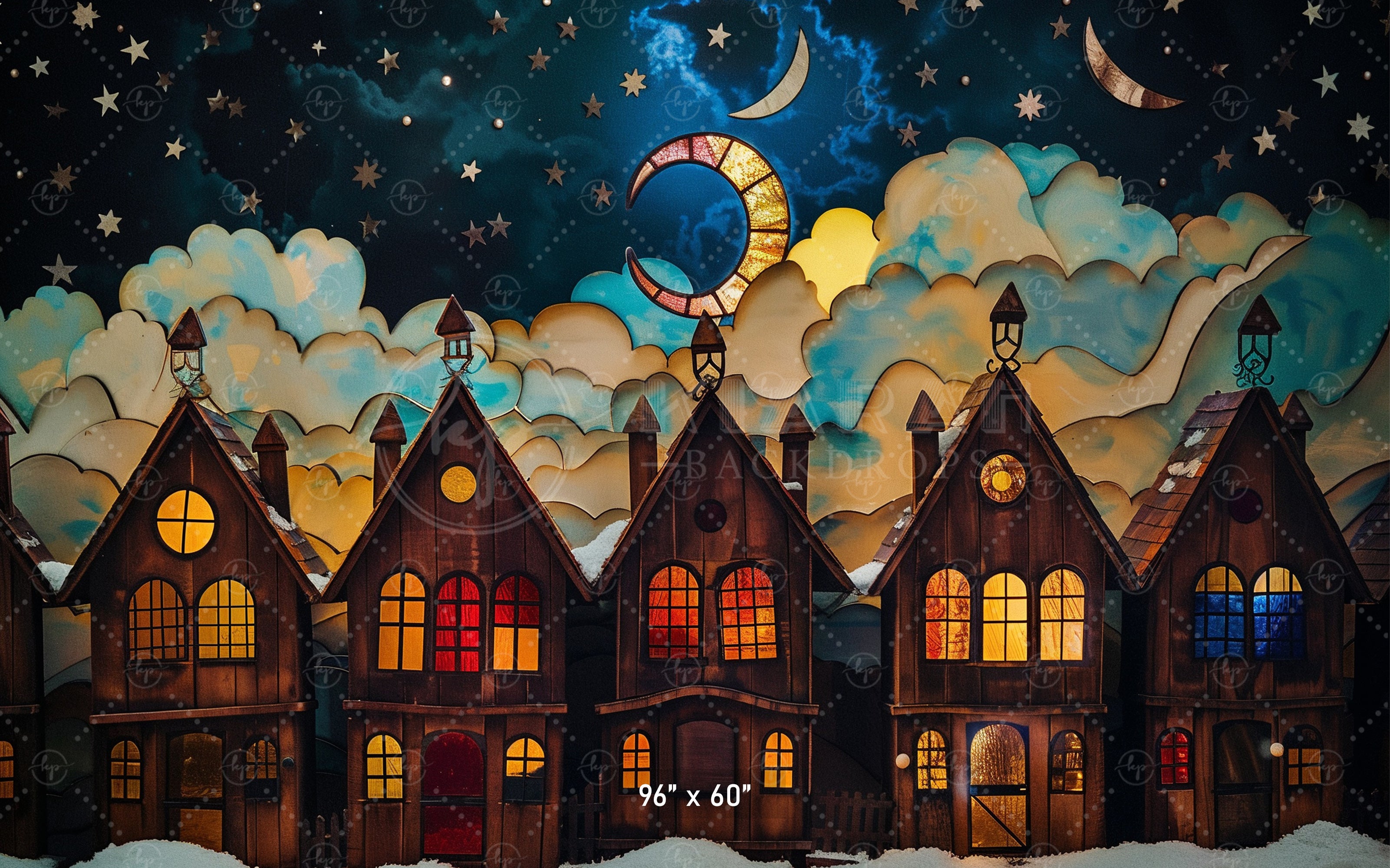 Starlit Winter Village Scene Backdrop