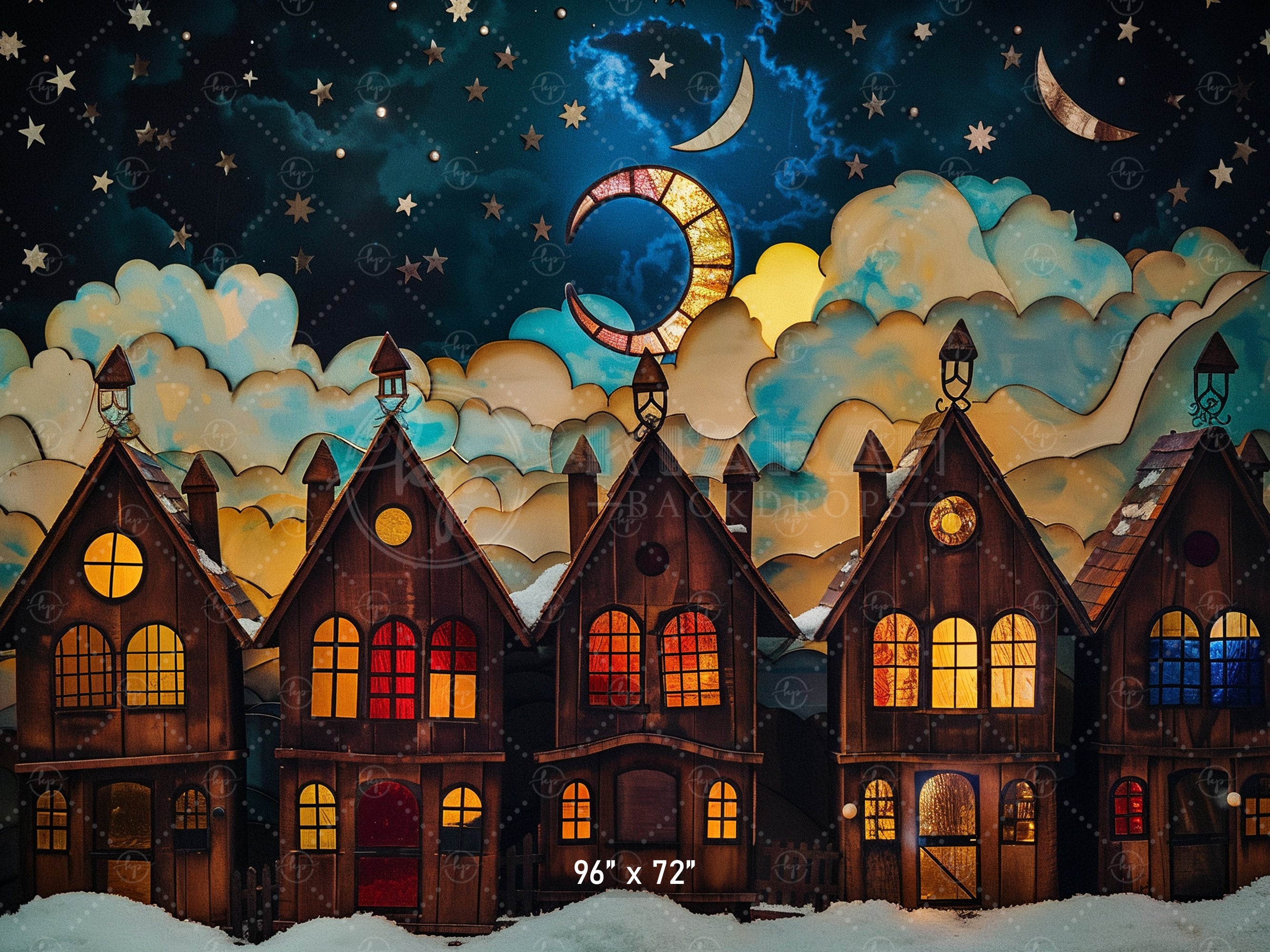 Starlit Winter Village Scene Backdrop