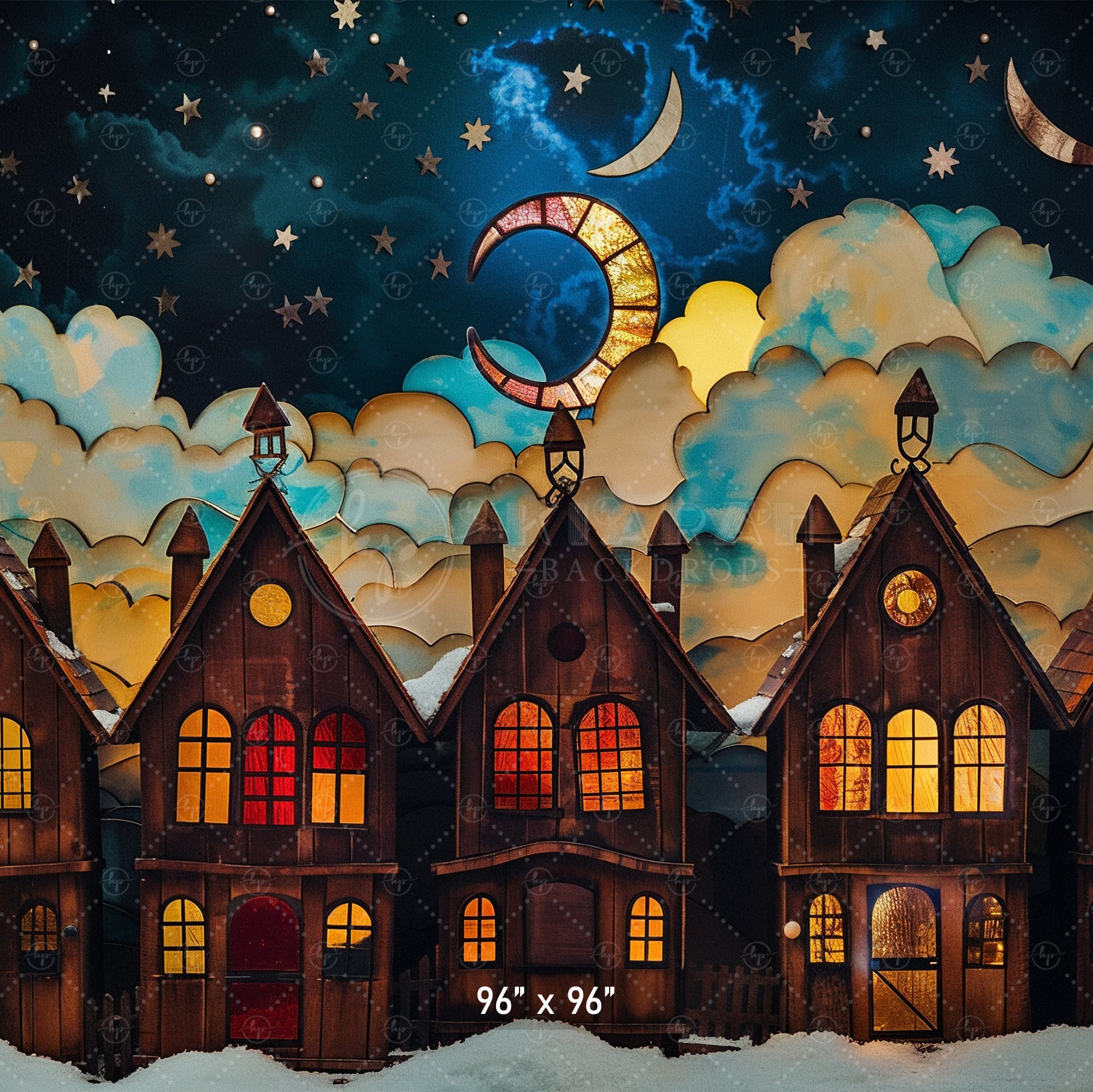 Starlit Winter Village Scene Backdrop