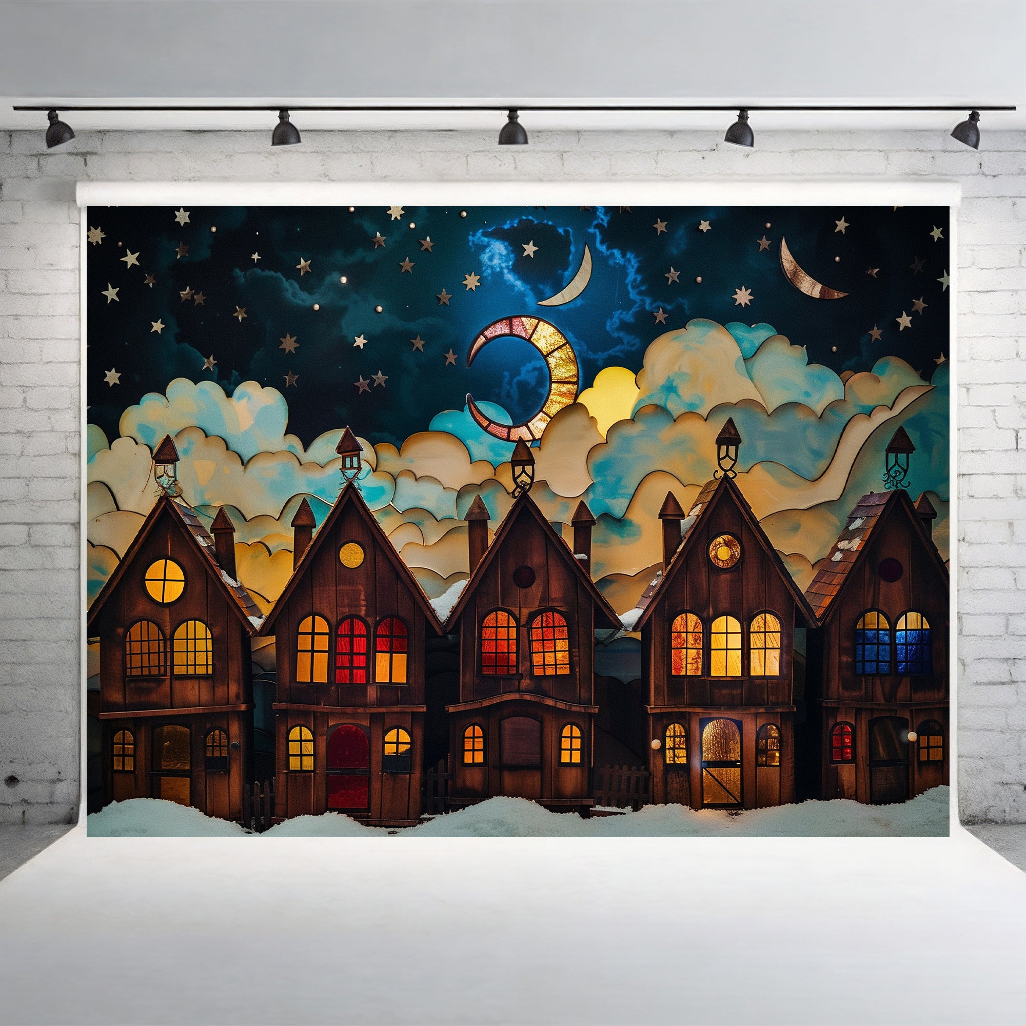 Starlit Winter Village Scene Backdrop