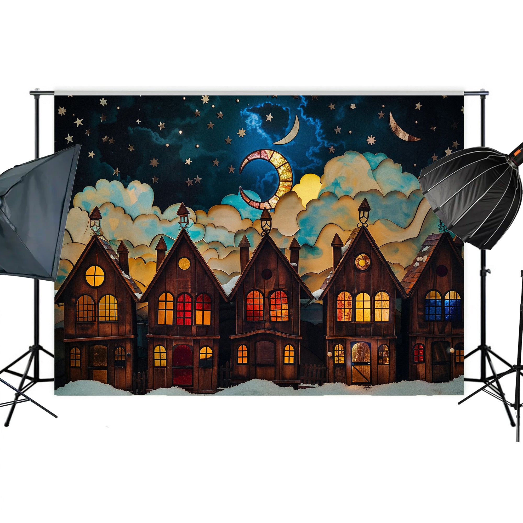 Starlit Winter Village Scene Backdrop