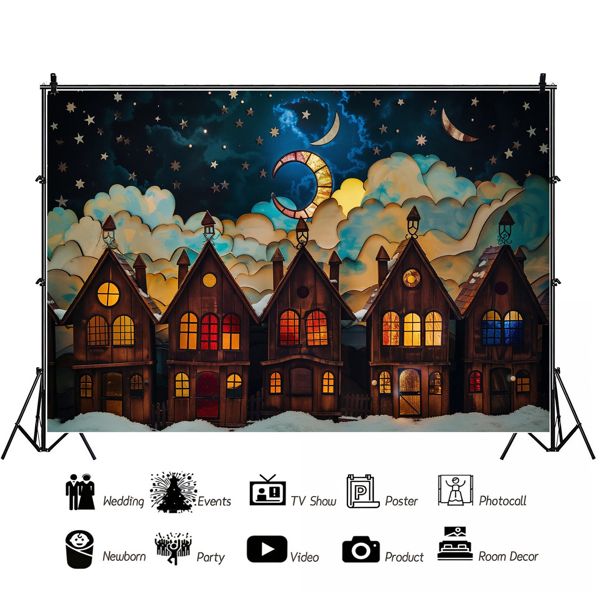 Starlit Winter Village Scene Backdrop