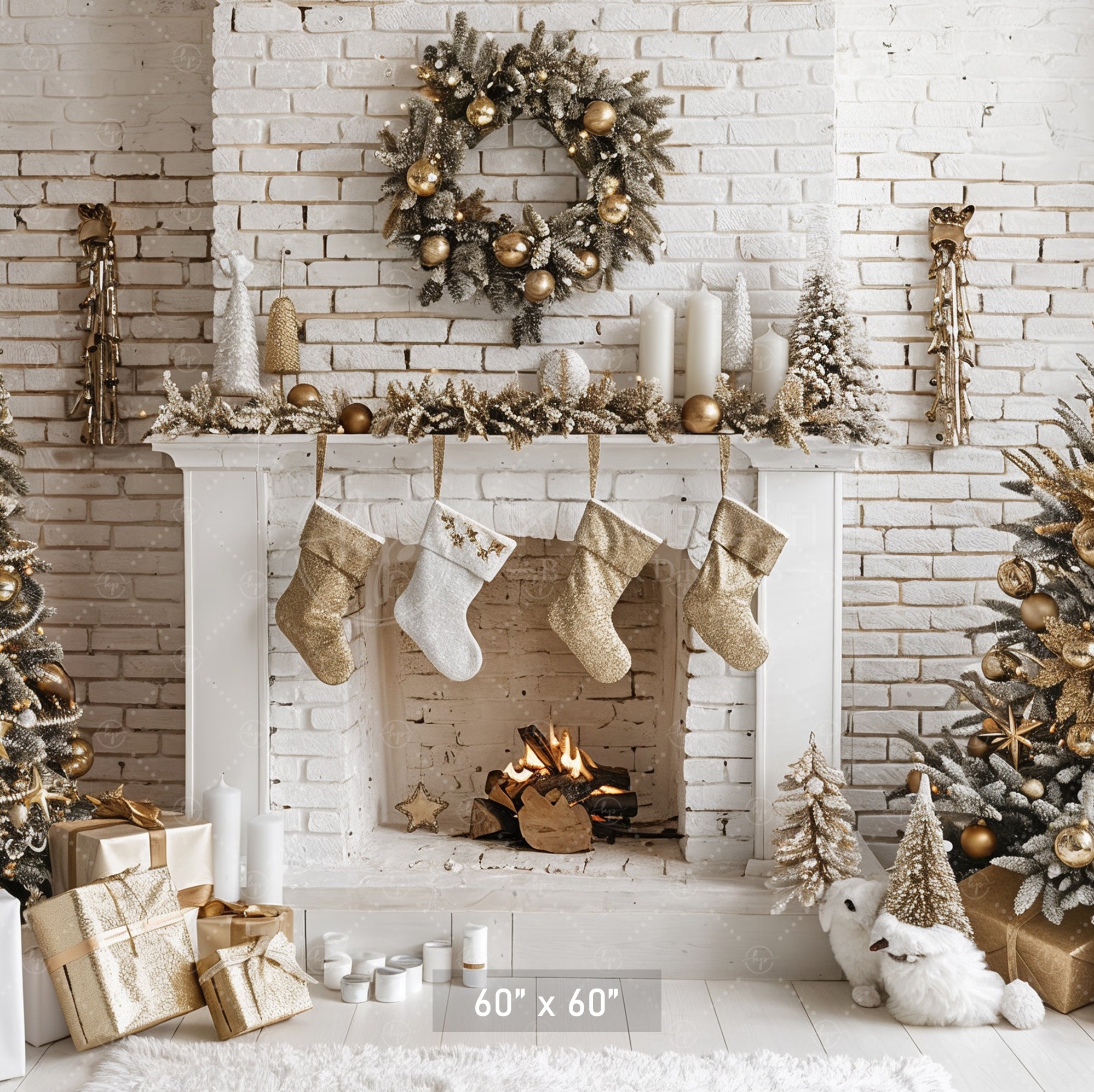 Cozy White and Gold Christmas Fireplace Backdrop