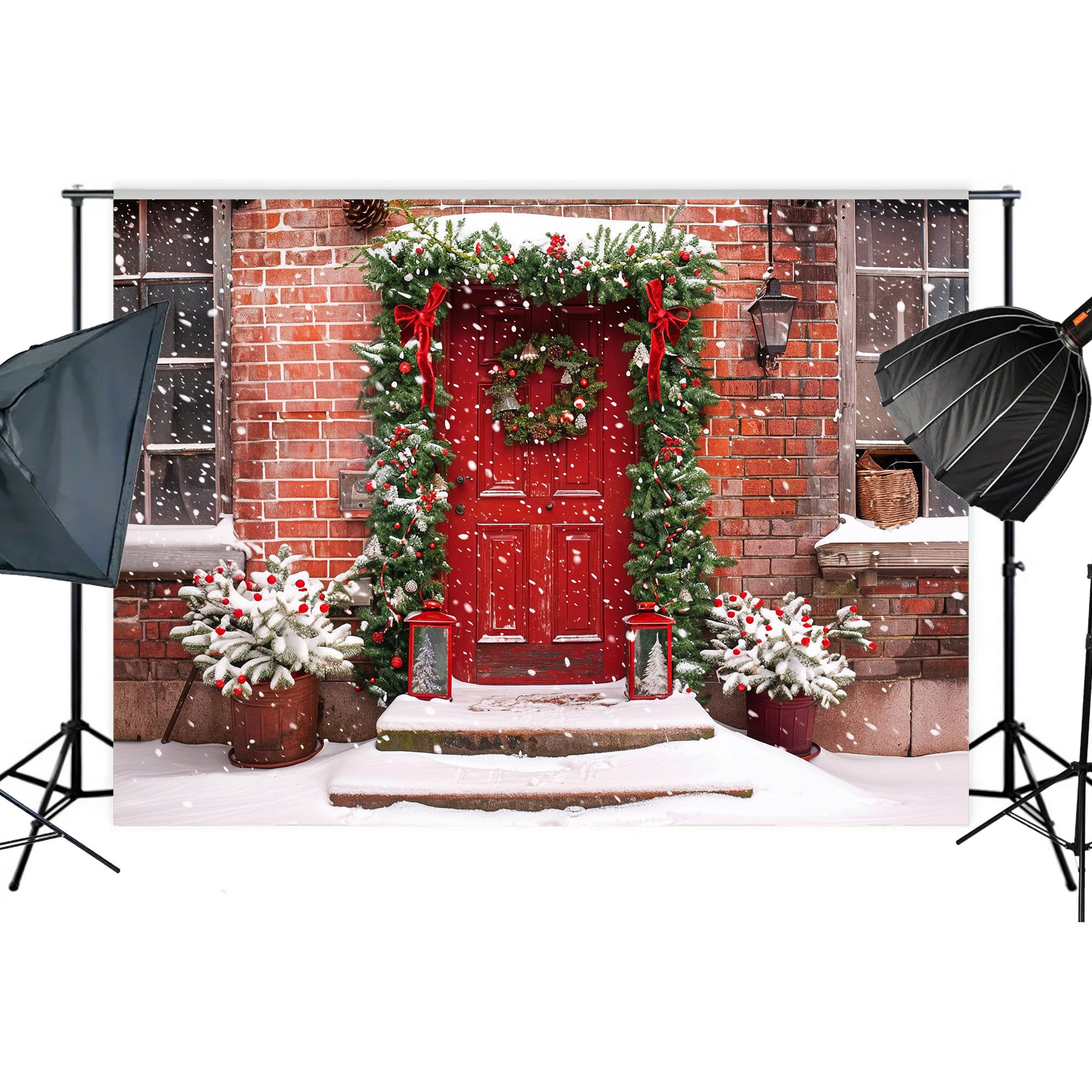 Festive Red Door Entrance Backdrop