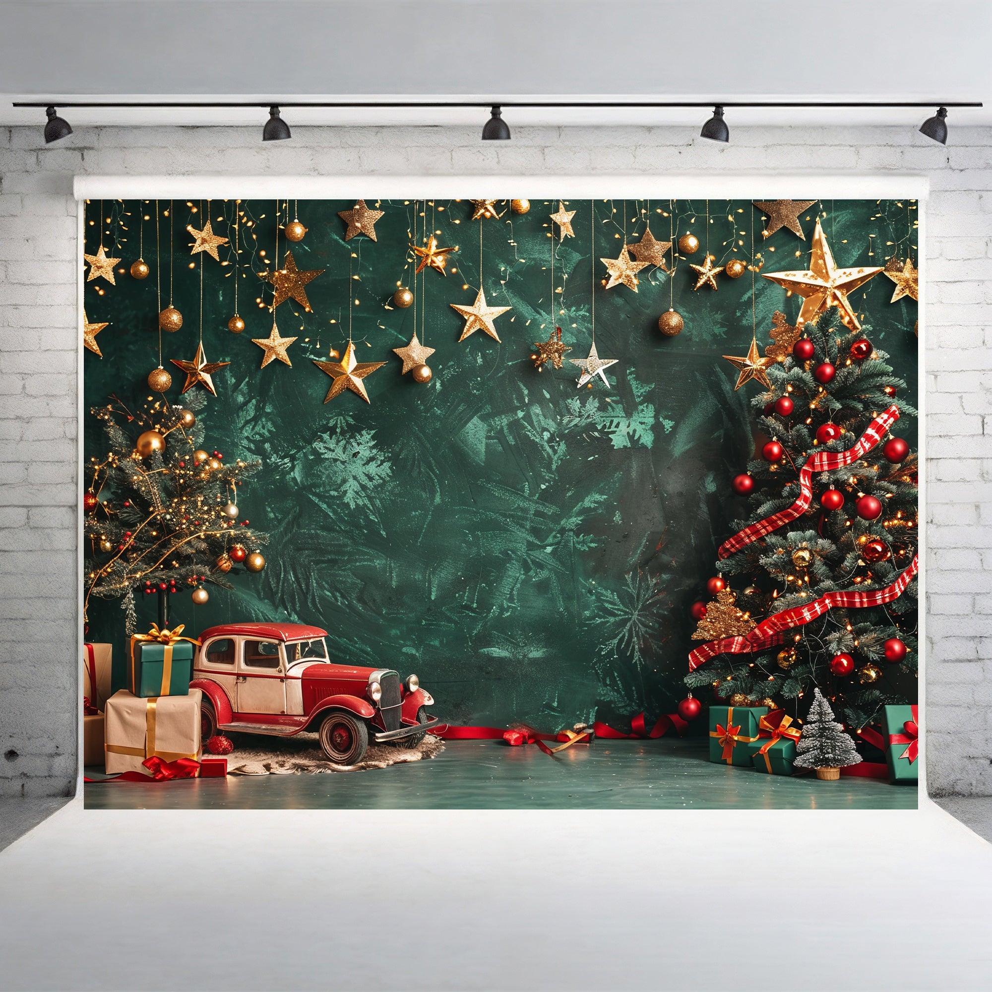 Classic Christmas Stars and Vintage Car Backdrop