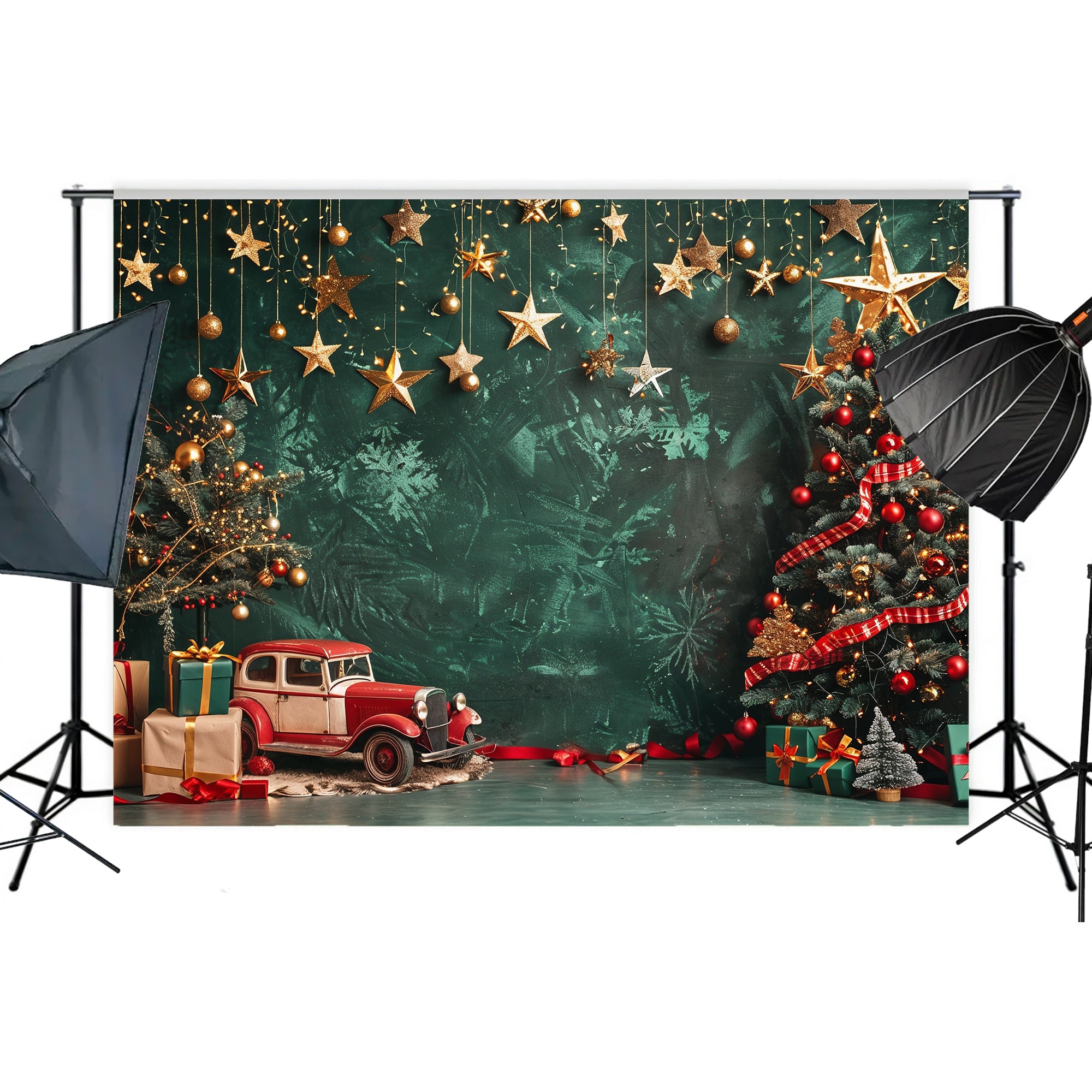 Classic Christmas Stars and Vintage Car Backdrop