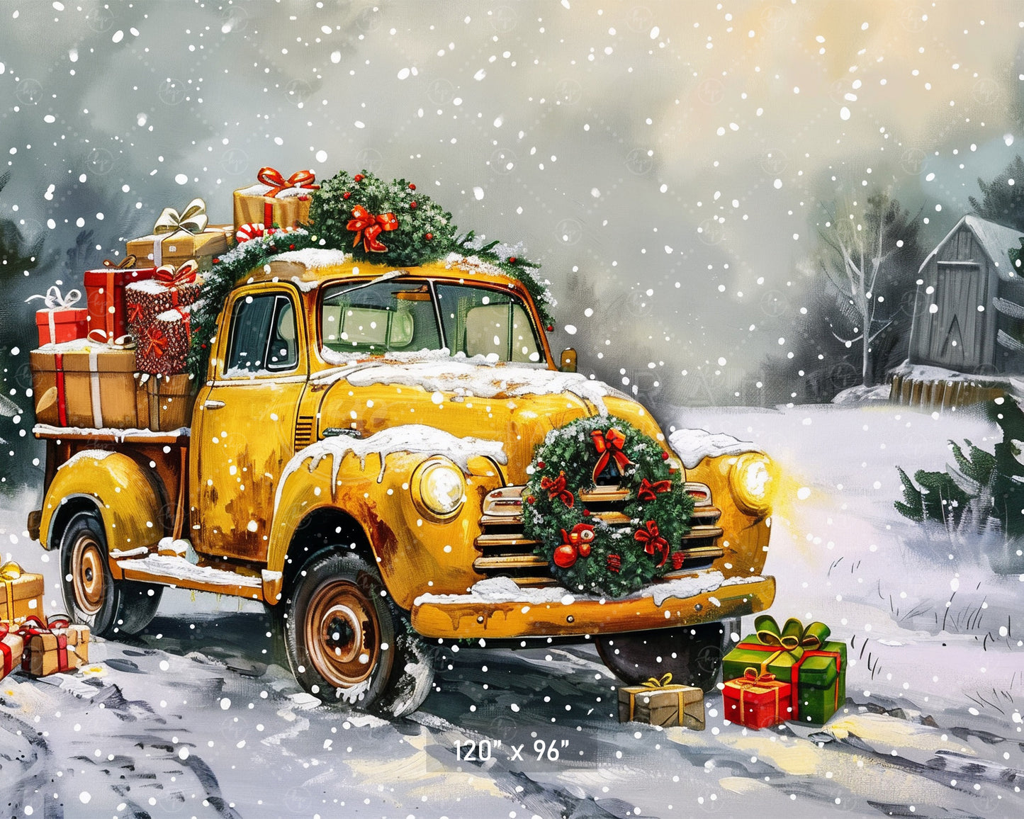 Vintage Christmas Truck in Snowy Landscape Backdrop