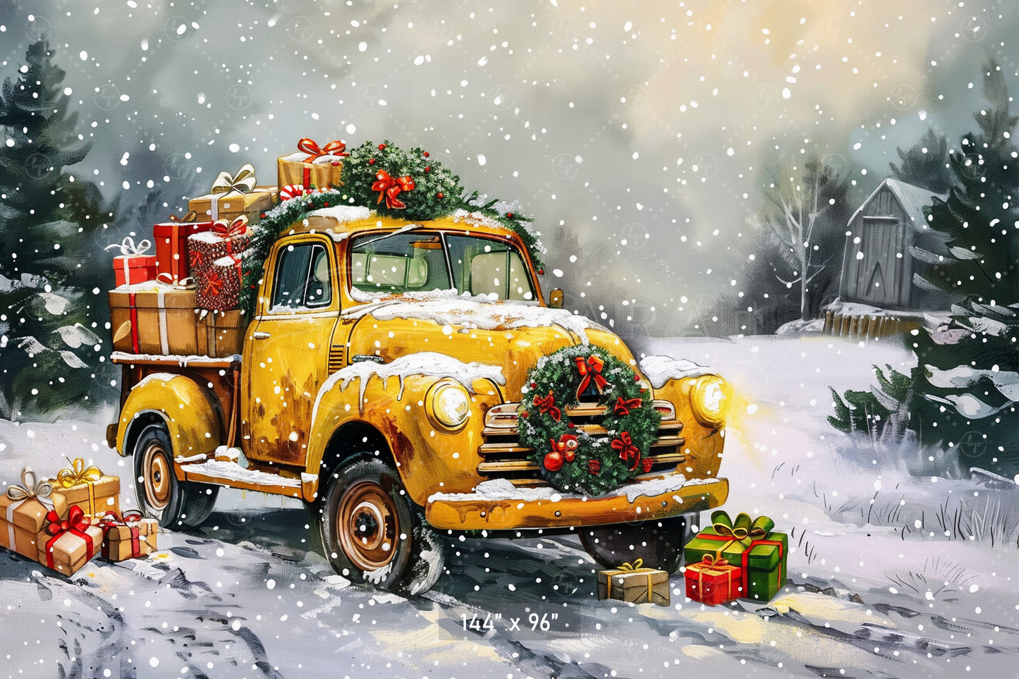 Vintage Christmas Truck in Snowy Landscape Backdrop