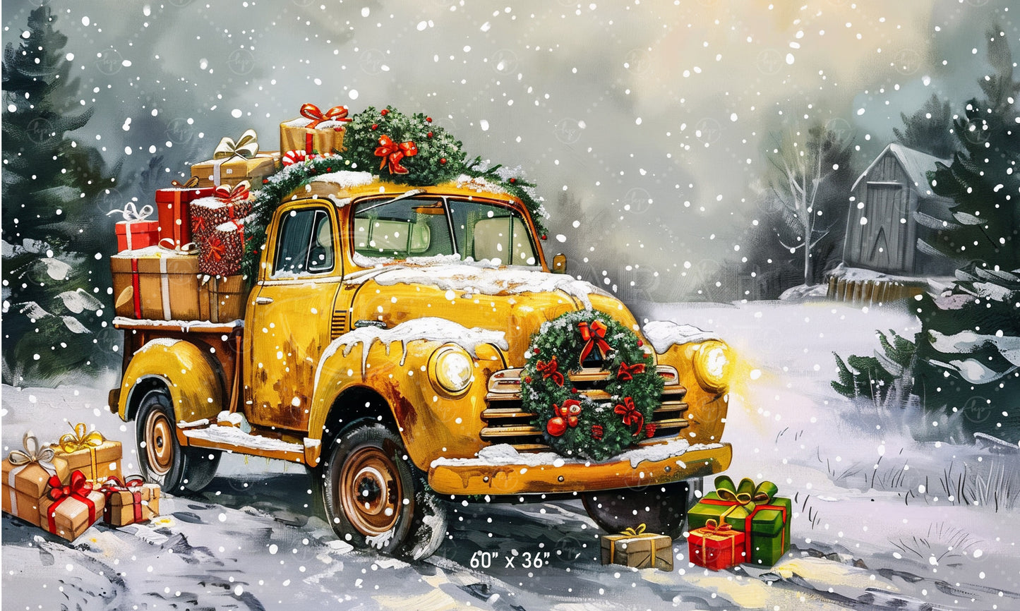 Vintage Christmas Truck in Snowy Landscape Backdrop