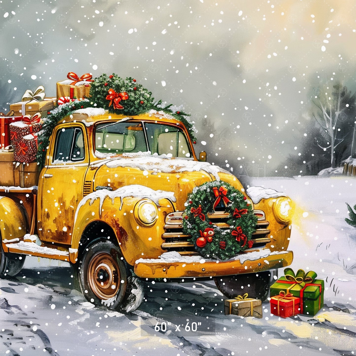 Vintage Christmas Truck in Snowy Landscape Backdrop