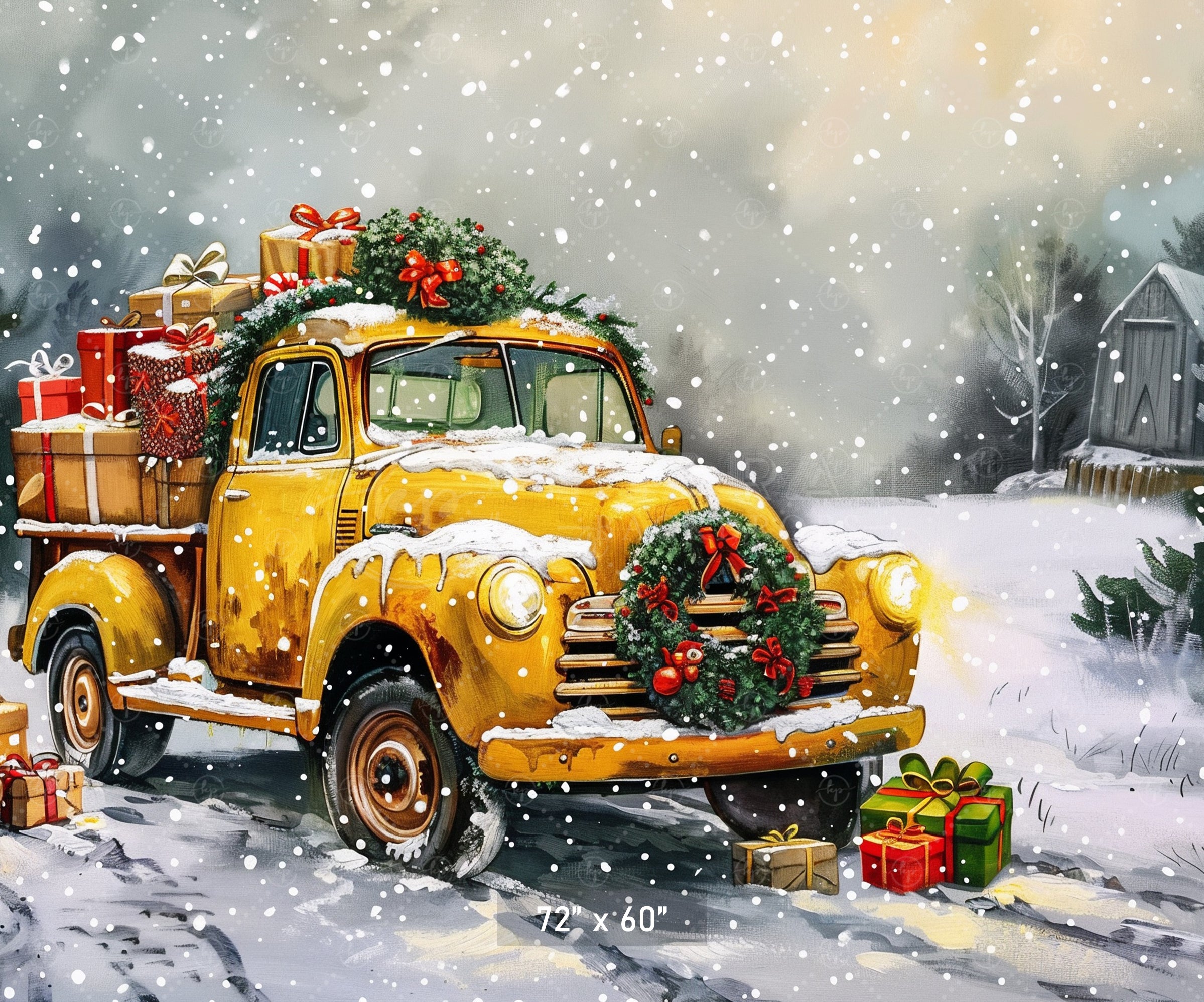 Vintage Christmas Truck in Snowy Landscape Backdrop