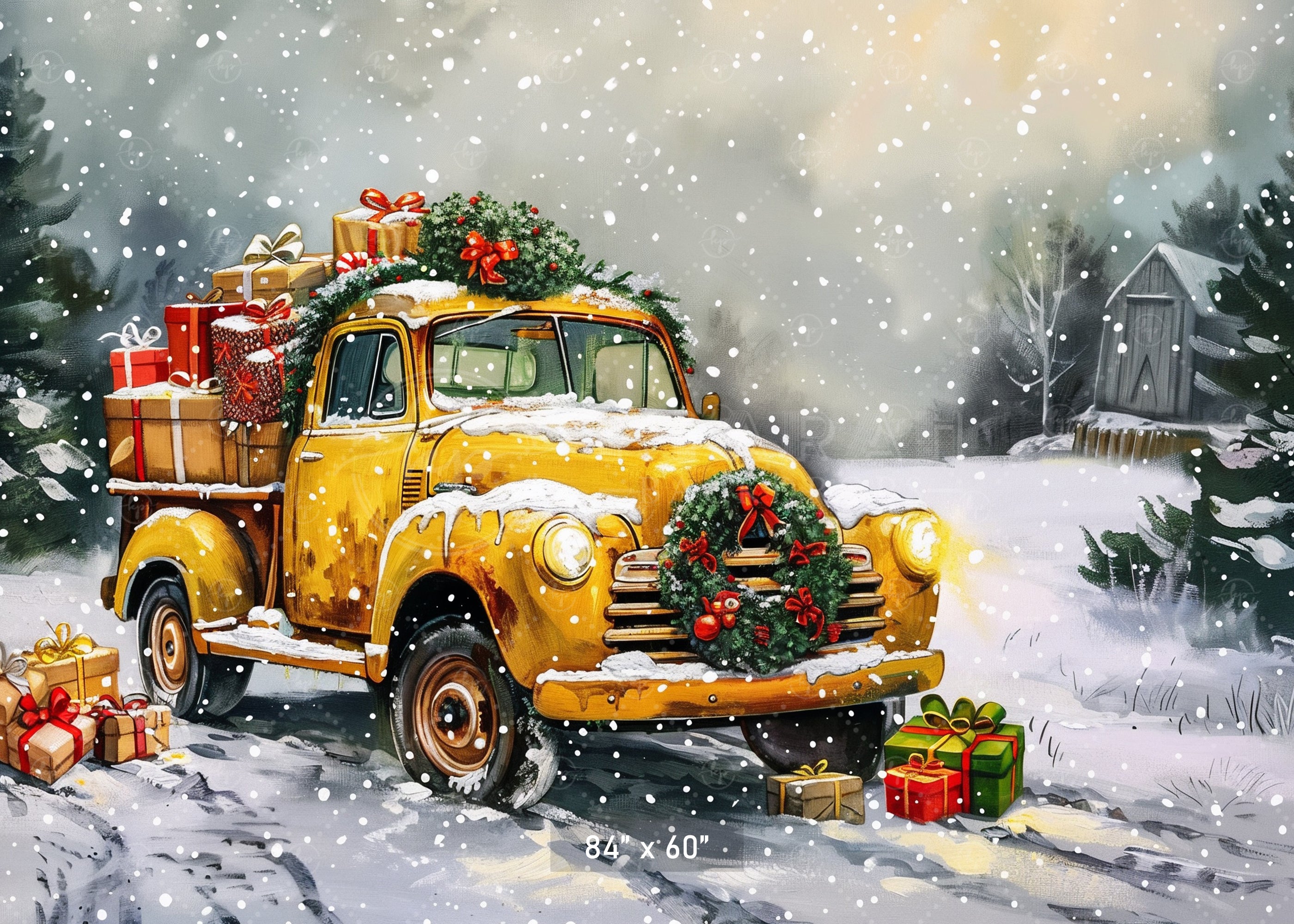 Vintage Christmas Truck in Snowy Landscape Backdrop