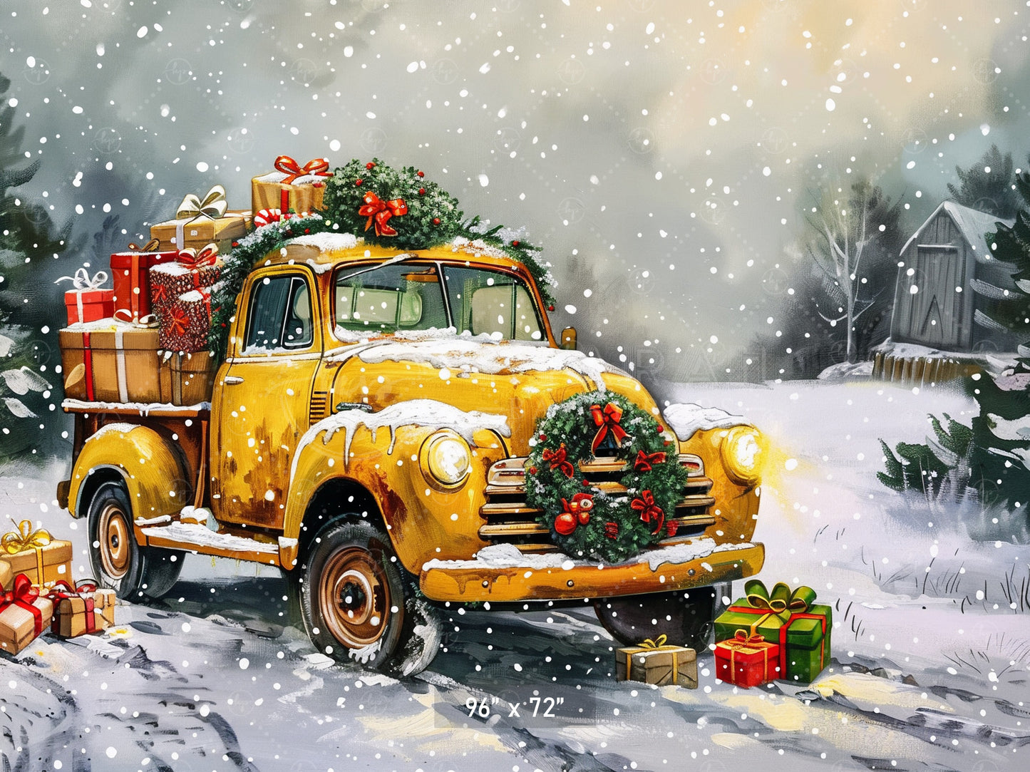 Vintage Christmas Truck in Snowy Landscape Backdrop