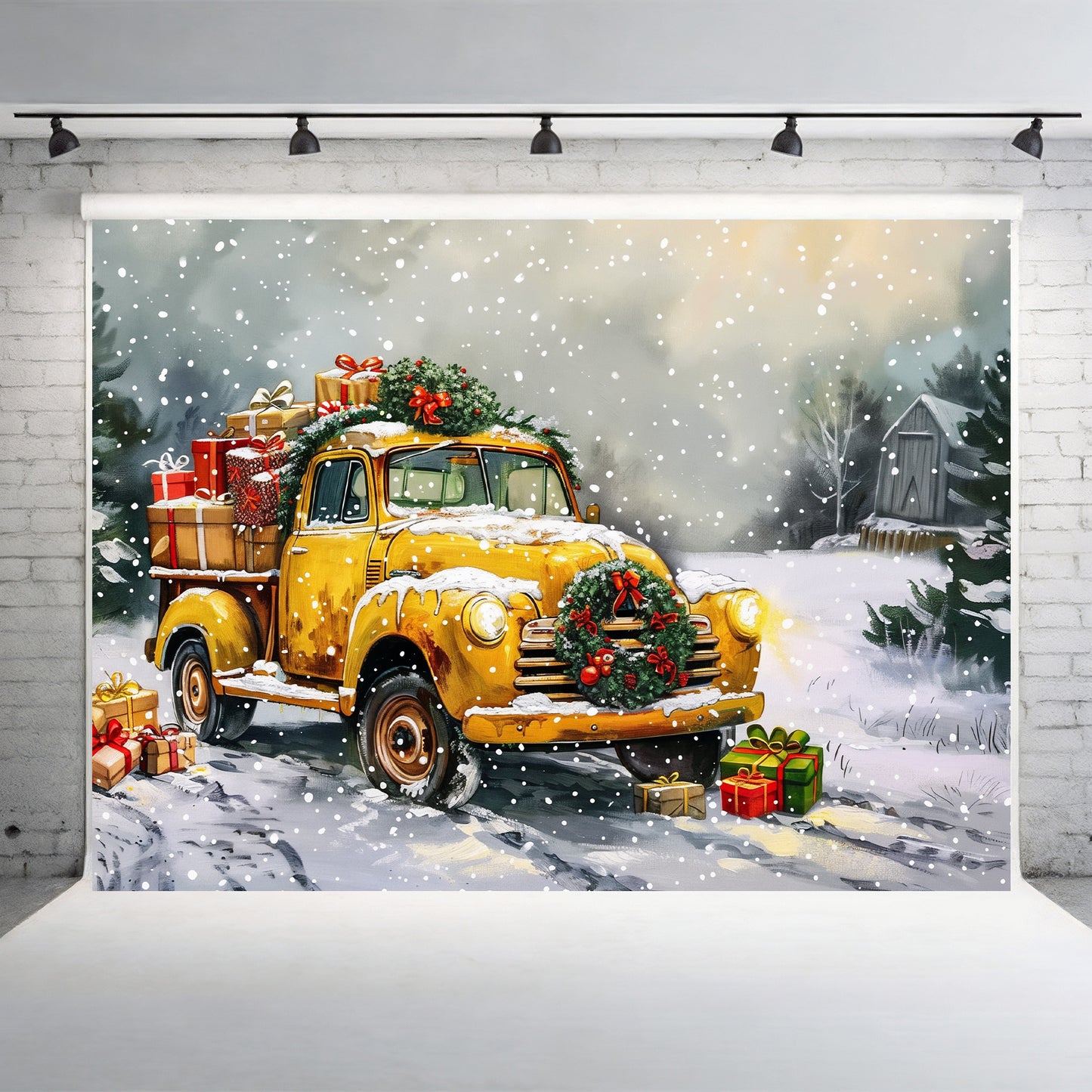 Vintage Christmas Truck in Snowy Landscape Backdrop