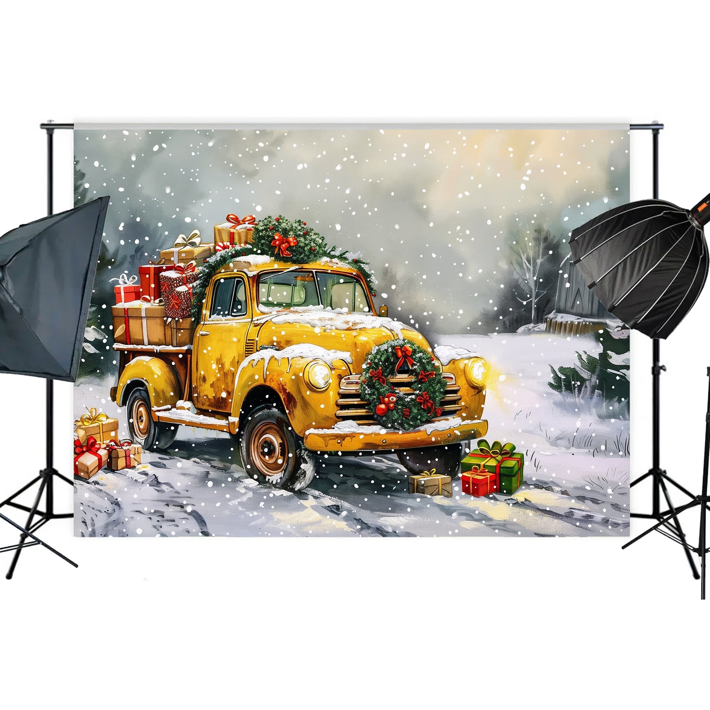 Vintage Christmas Truck in Snowy Landscape Backdrop