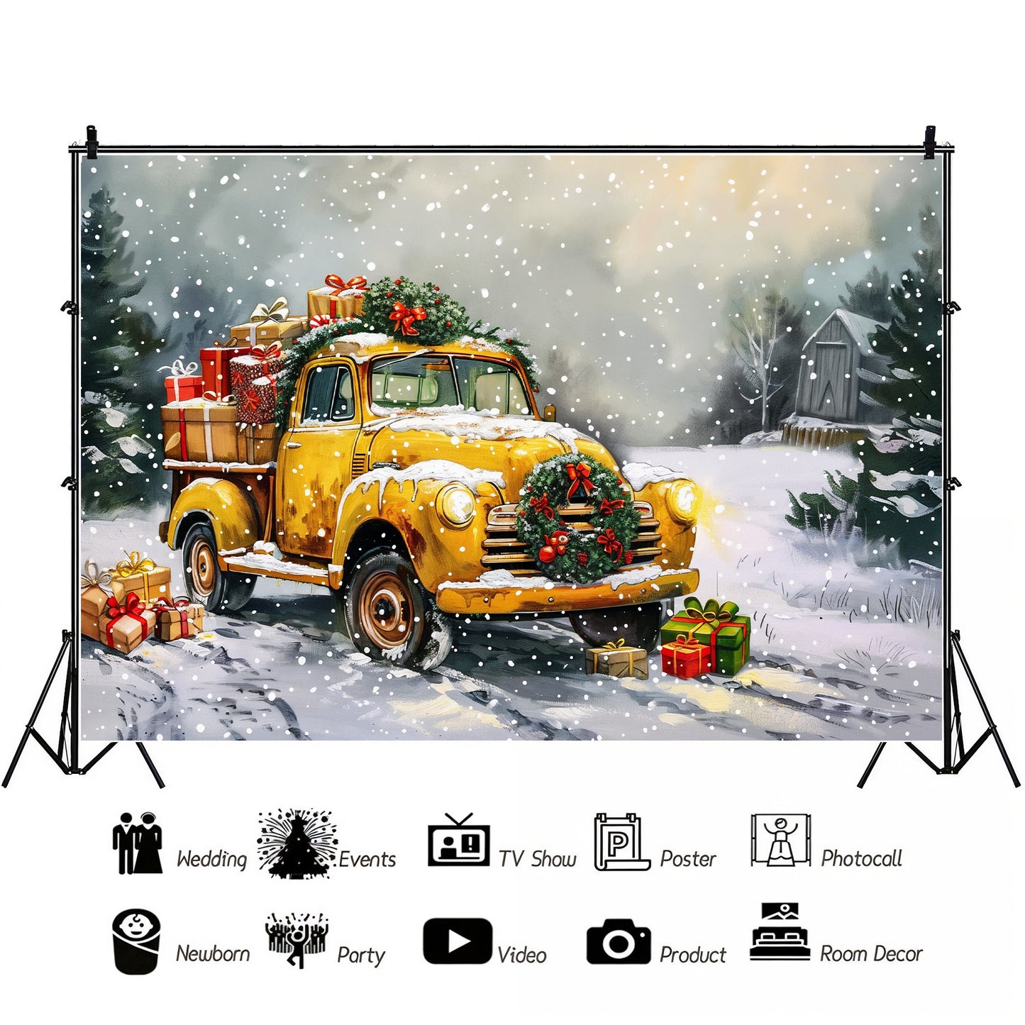 Vintage Christmas Truck in Snowy Landscape Backdrop