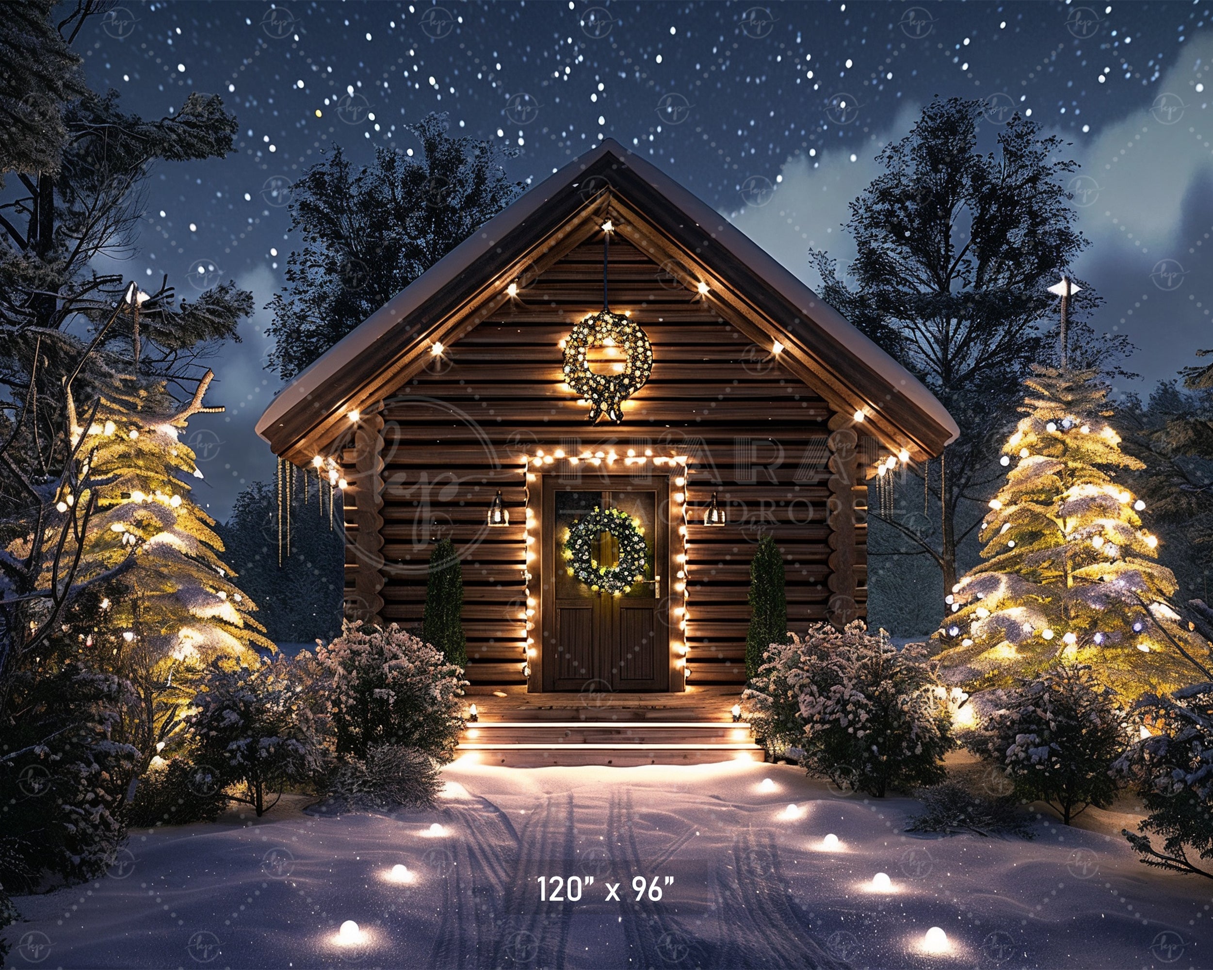 Cozy Cabin Christmas Night Backdrop