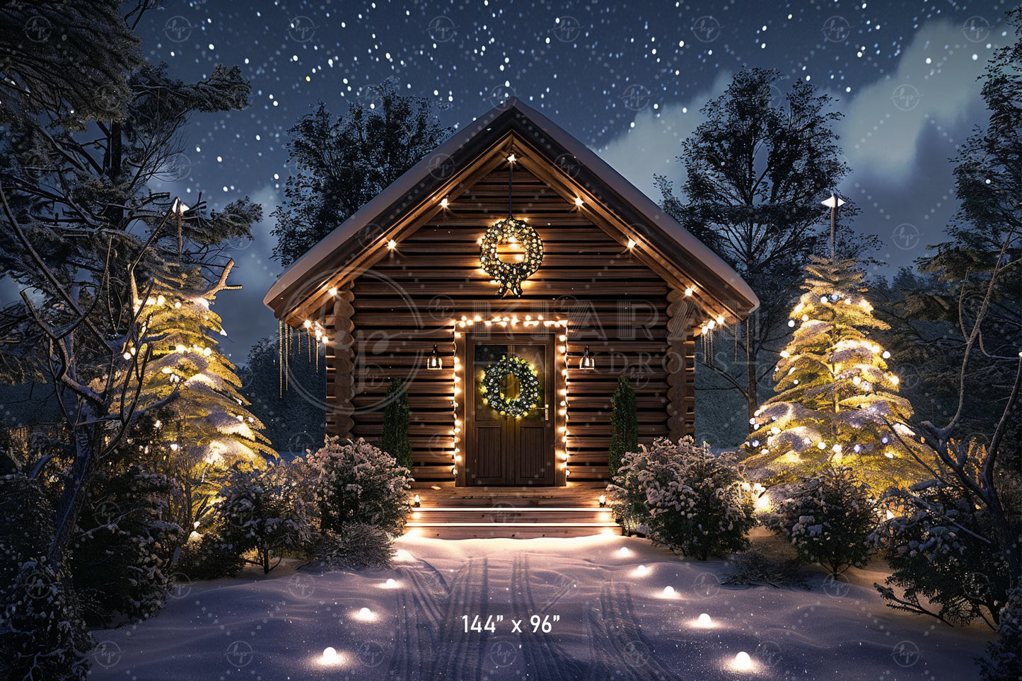 Cozy Cabin Christmas Night Backdrop