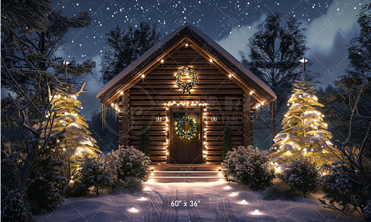 Cozy Cabin Christmas Night Backdrop