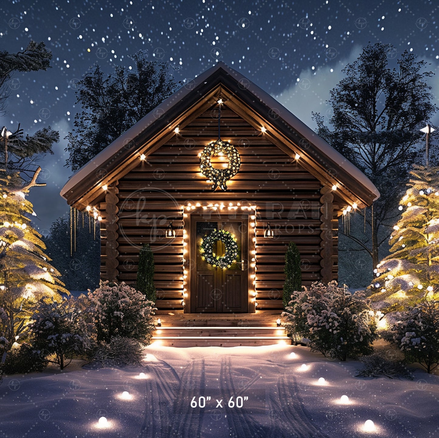 Cozy Cabin Christmas Night Backdrop