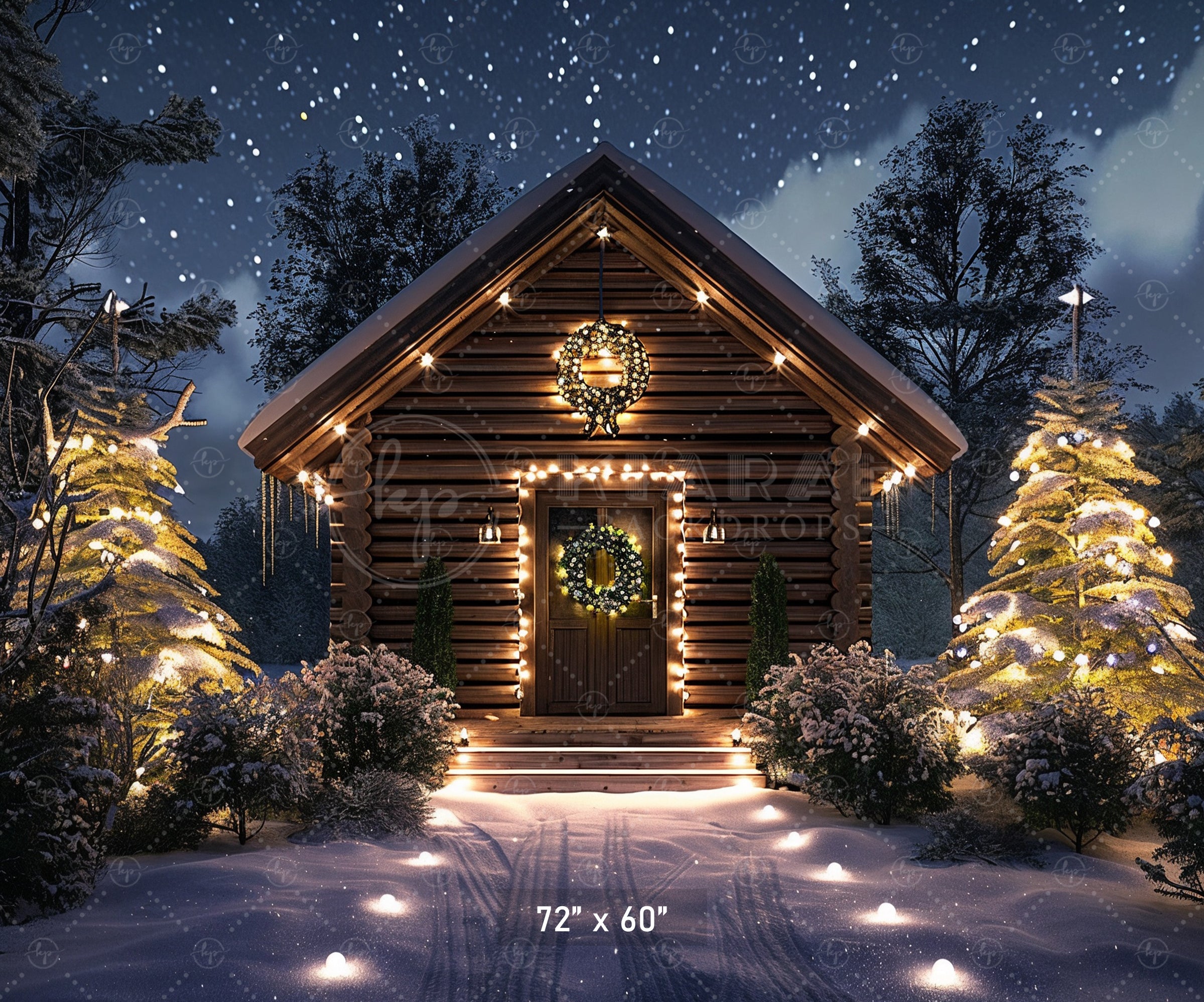 Cozy Cabin Christmas Night Backdrop