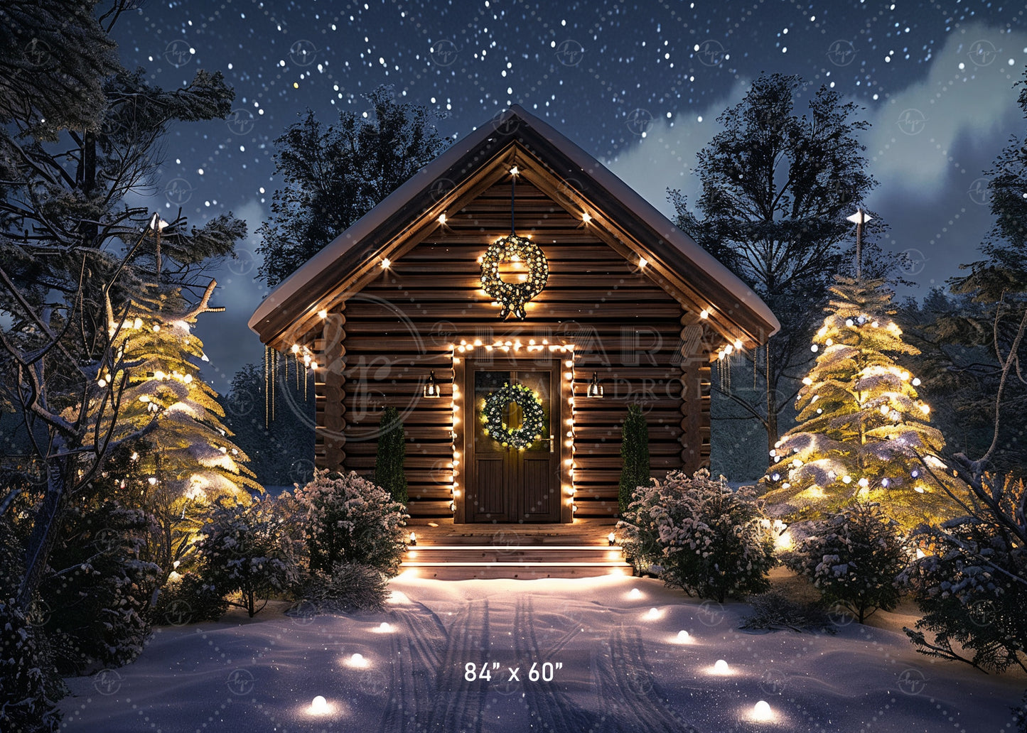 Cozy Cabin Christmas Night Backdrop