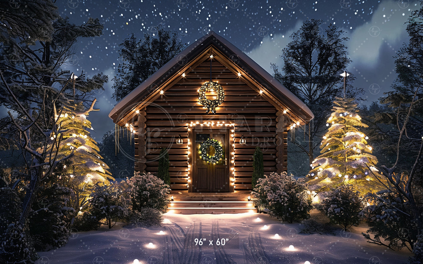 Cozy Cabin Christmas Night Backdrop