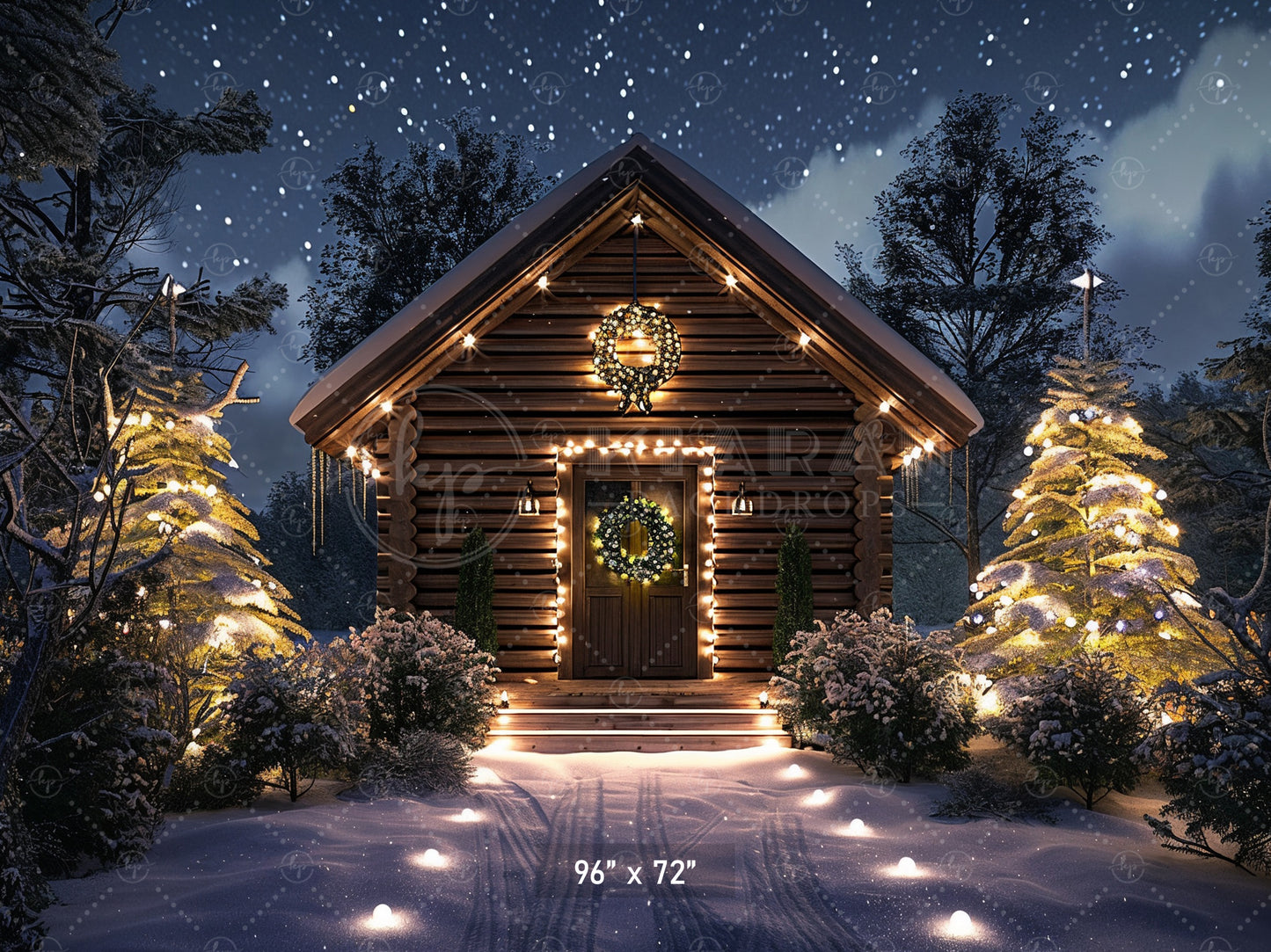 Cozy Cabin Christmas Night Backdrop