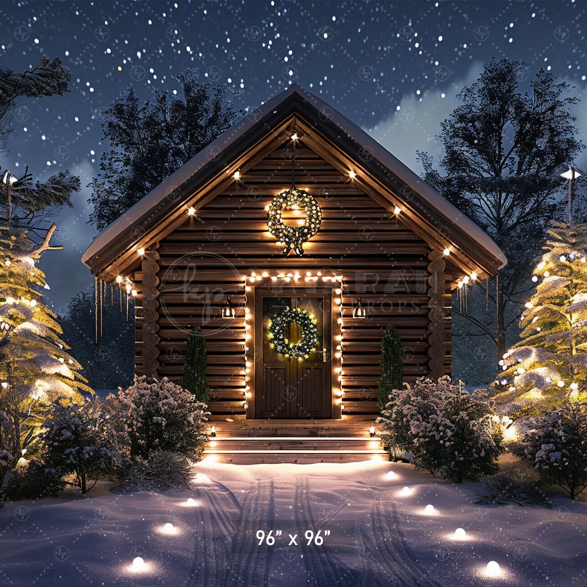 Cozy Cabin Christmas Night Backdrop