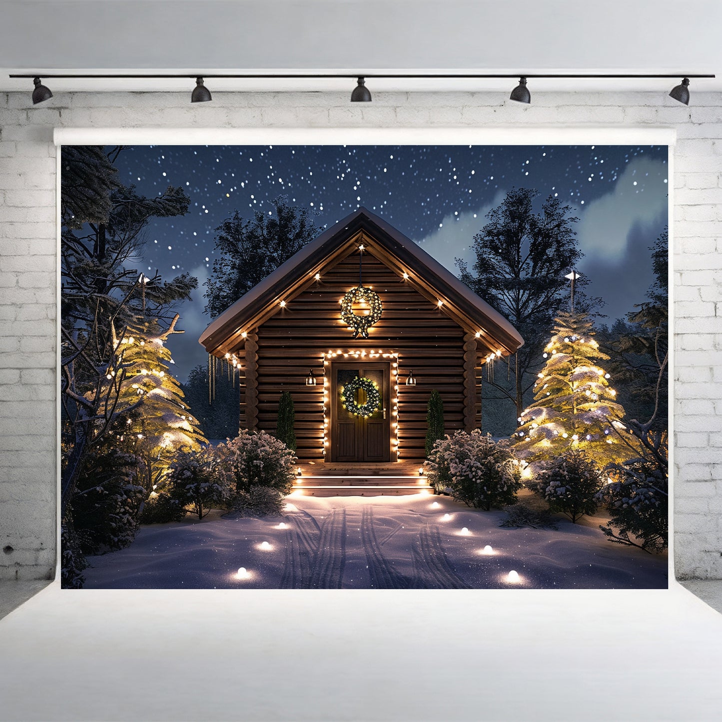 Cozy Cabin Christmas Night Backdrop