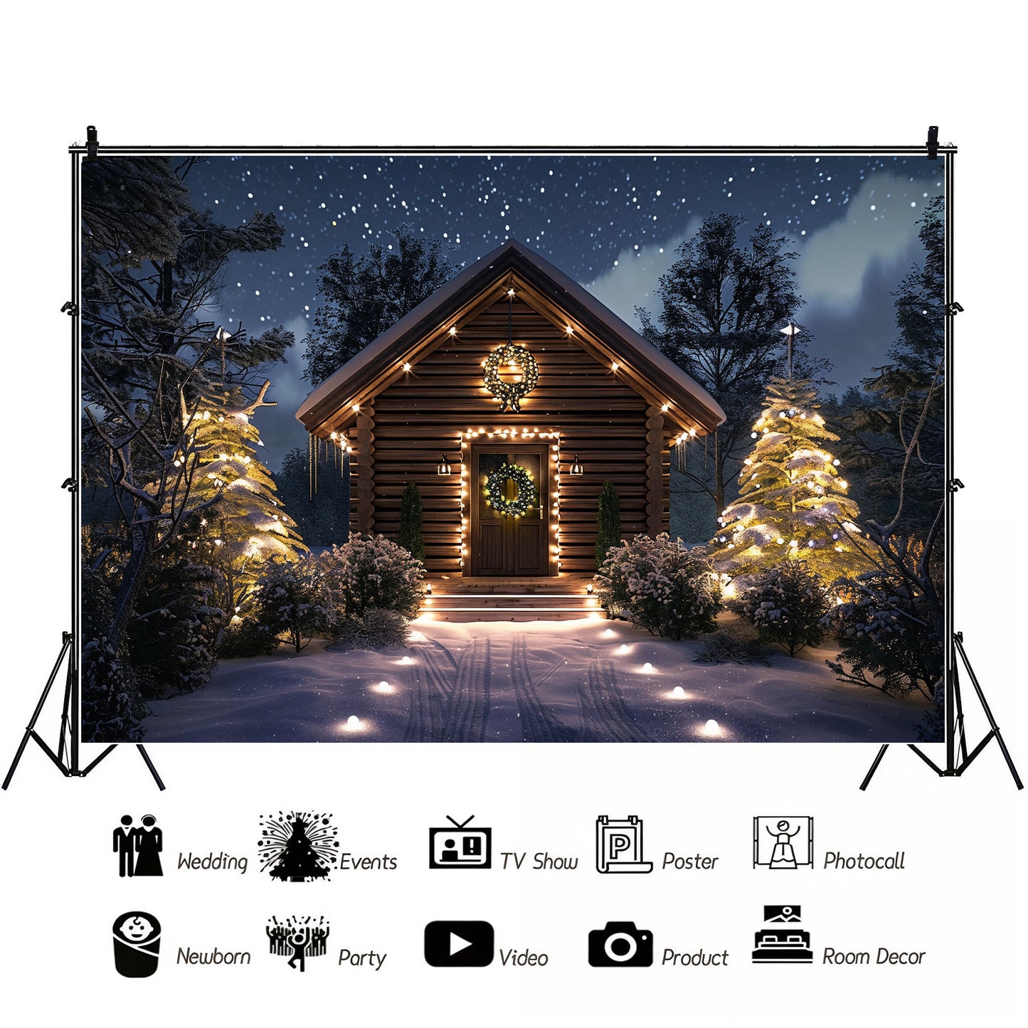 Cozy Cabin Christmas Night Backdrop