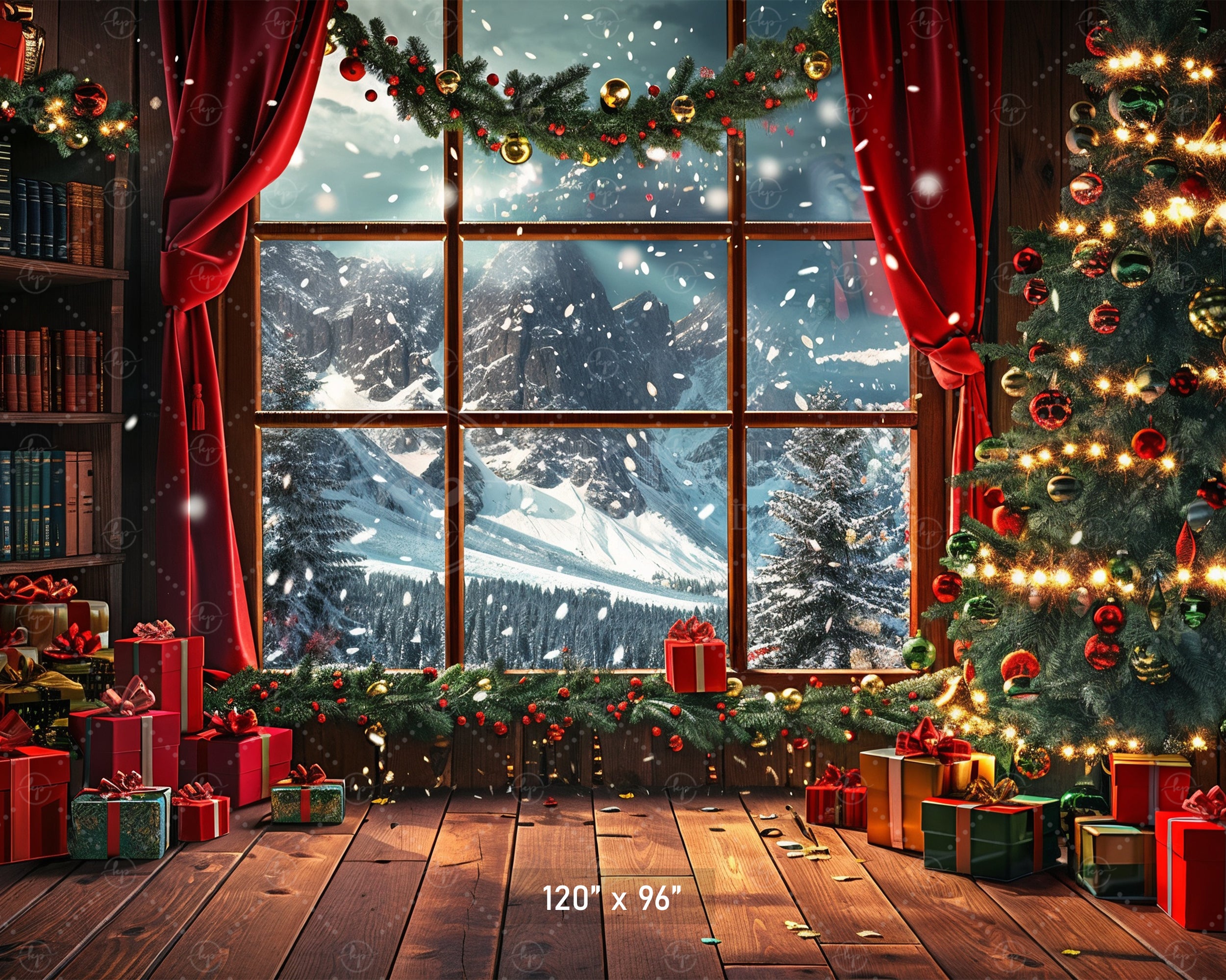 Cozy Christmas Window with Snowy Mountains Backdrop