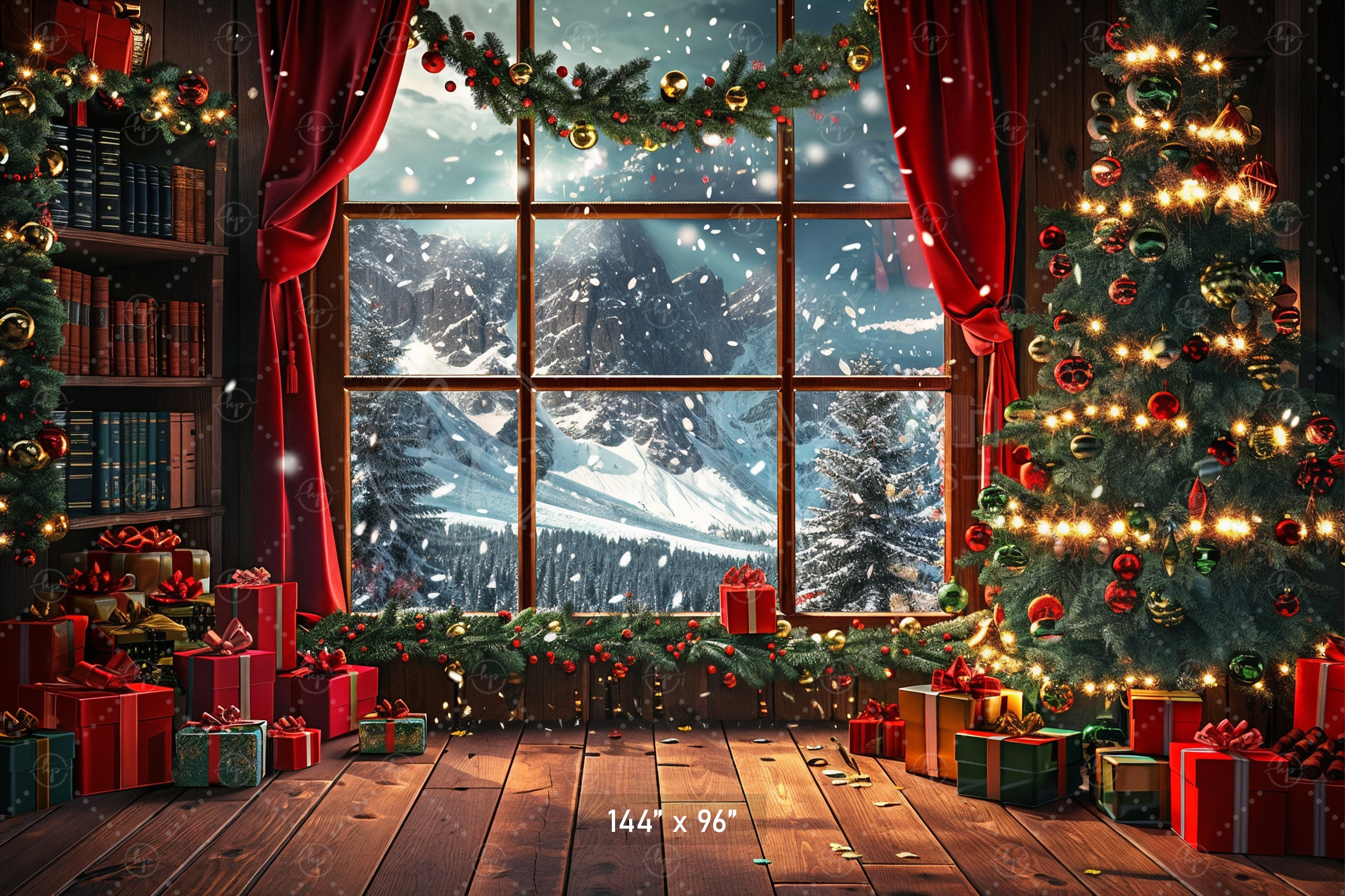 Cozy Christmas Window with Snowy Mountains Backdrop