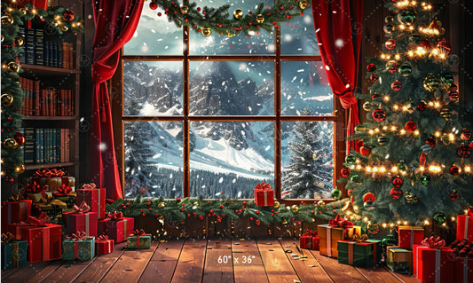 Cozy Christmas Window with Snowy Mountains Backdrop