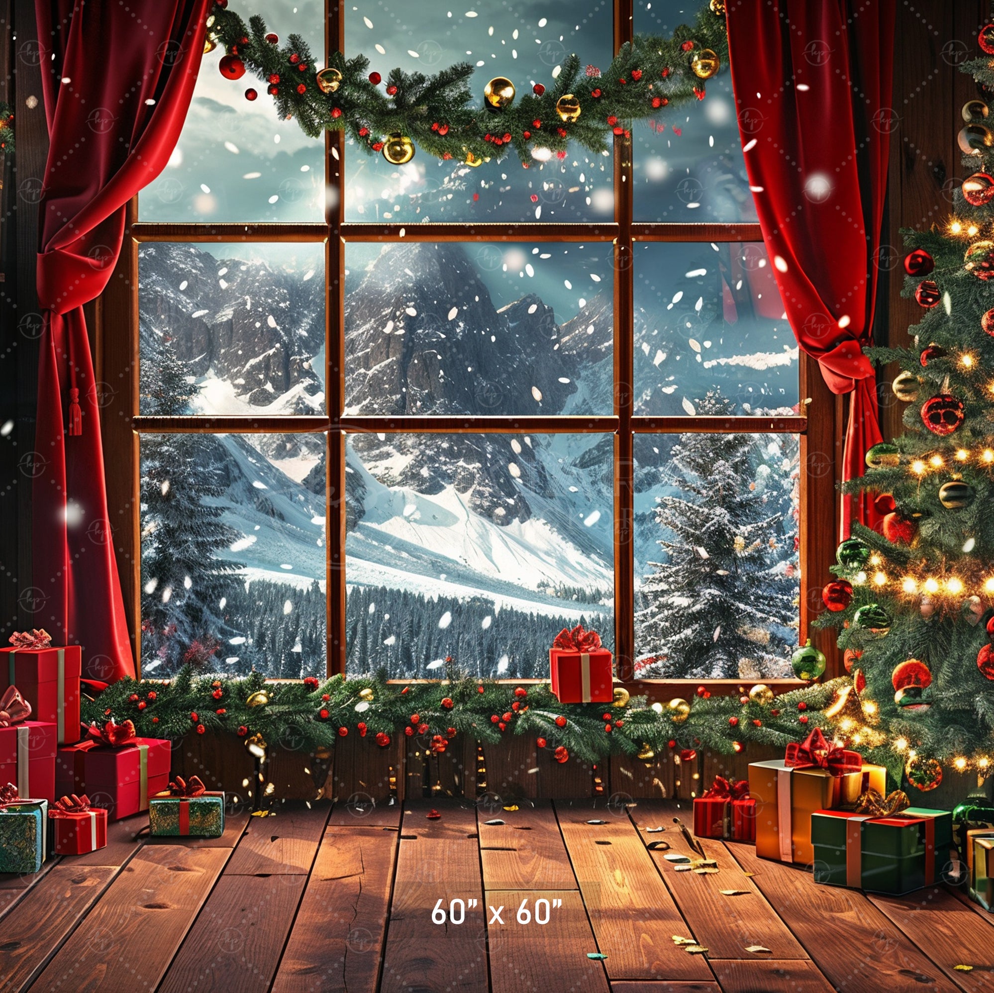 Cozy Christmas Window with Snowy Mountains Backdrop