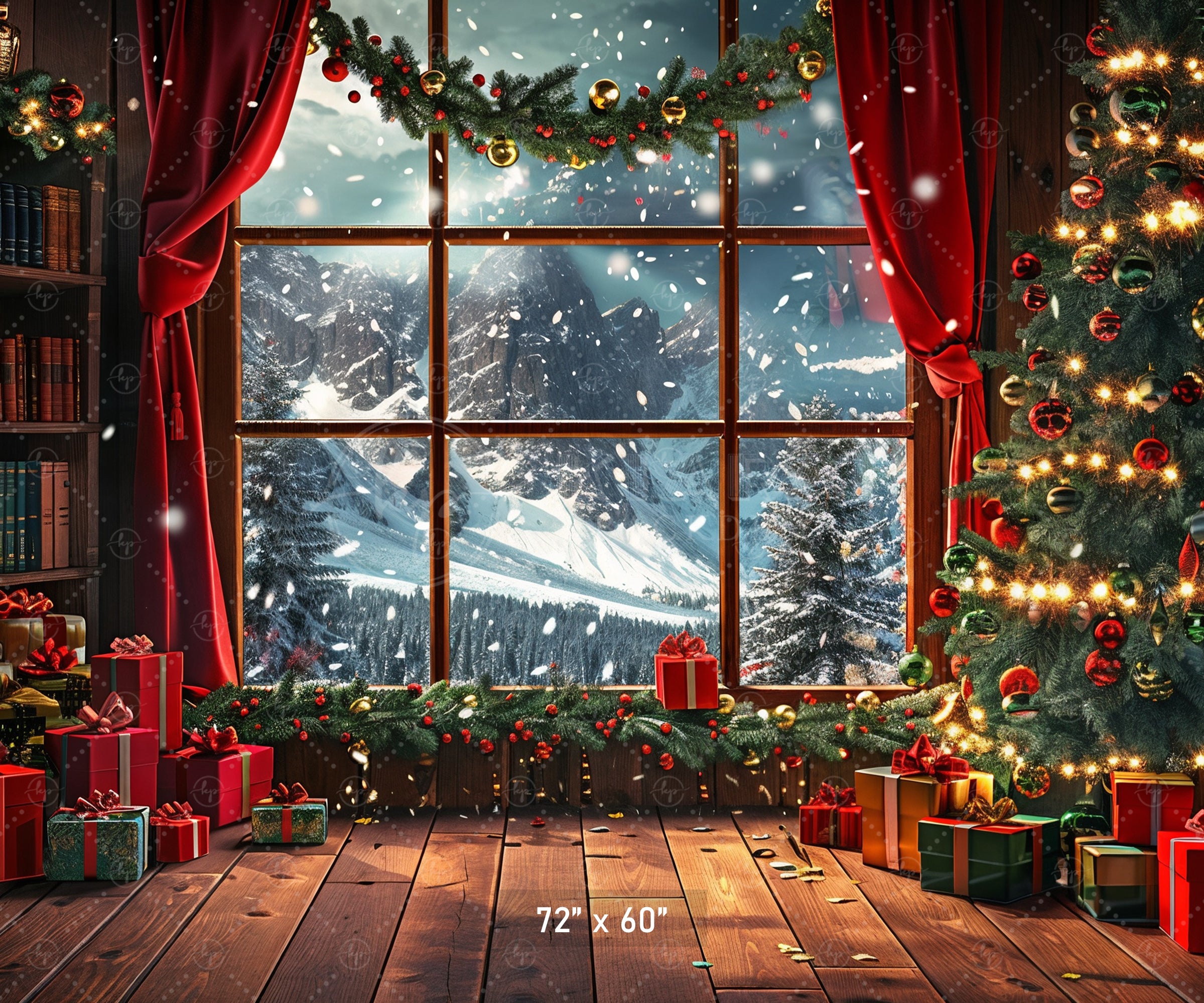 Cozy Christmas Window with Snowy Mountains Backdrop