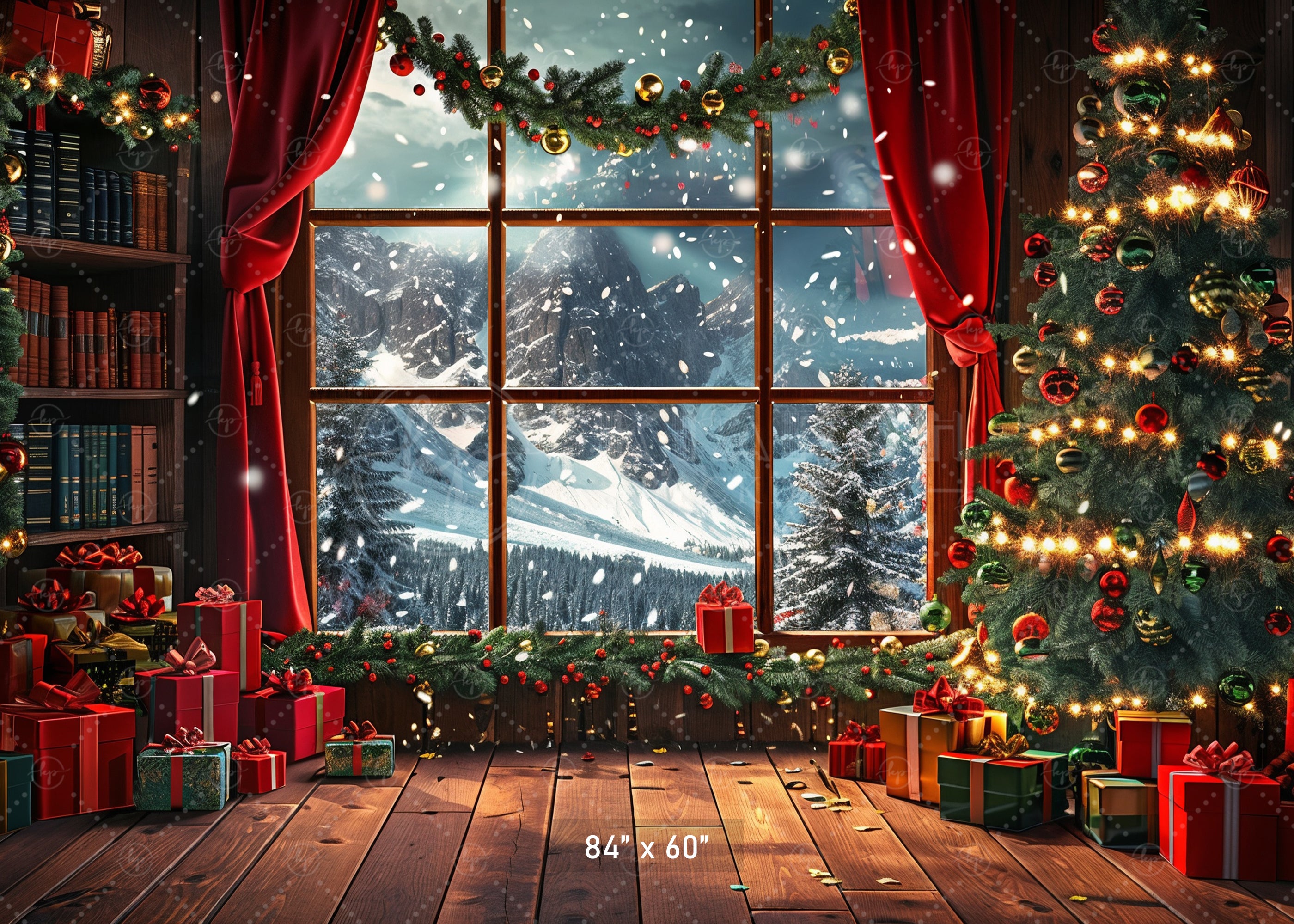 Cozy Christmas Window with Snowy Mountains Backdrop