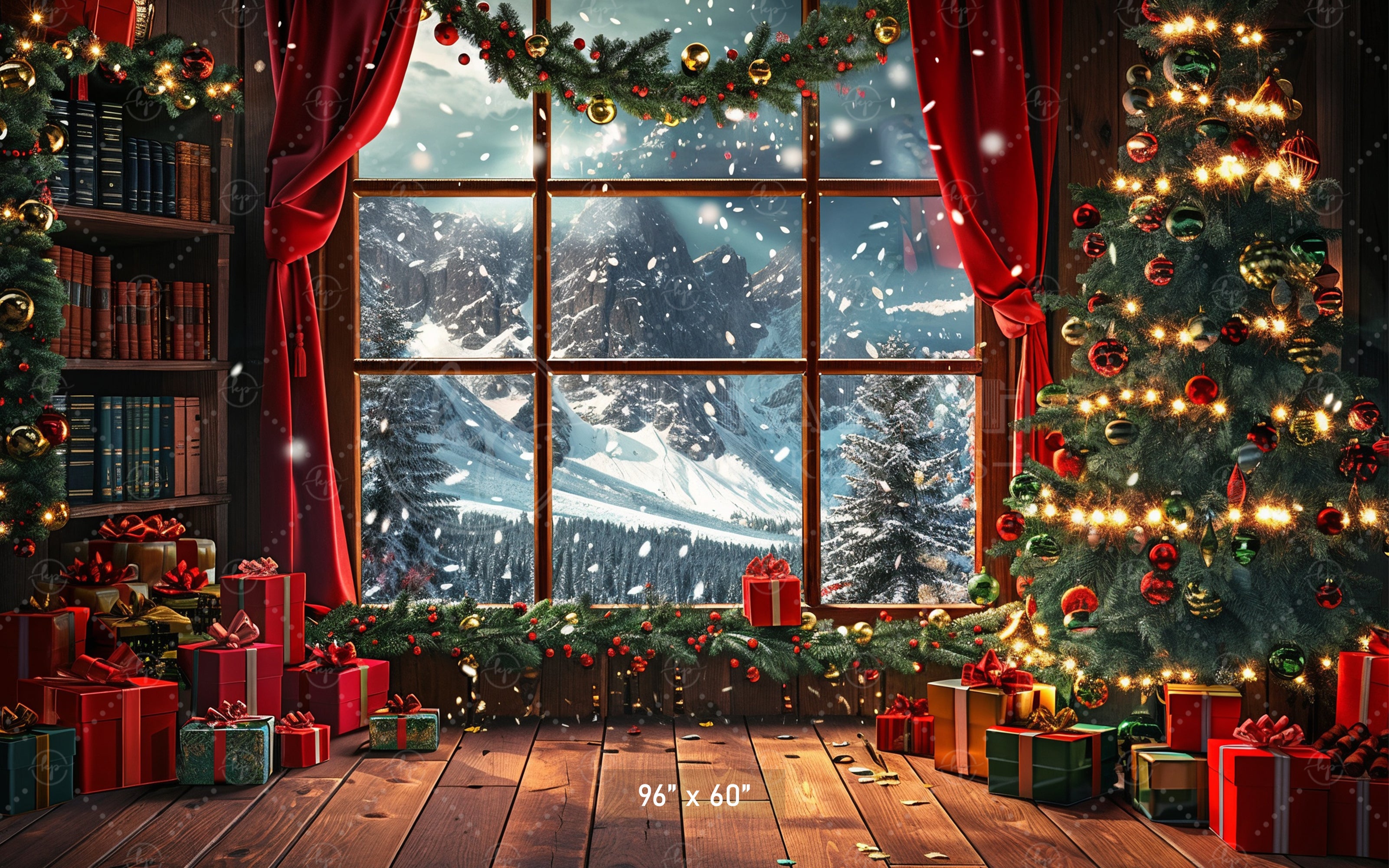 Cozy Christmas Window with Snowy Mountains Backdrop