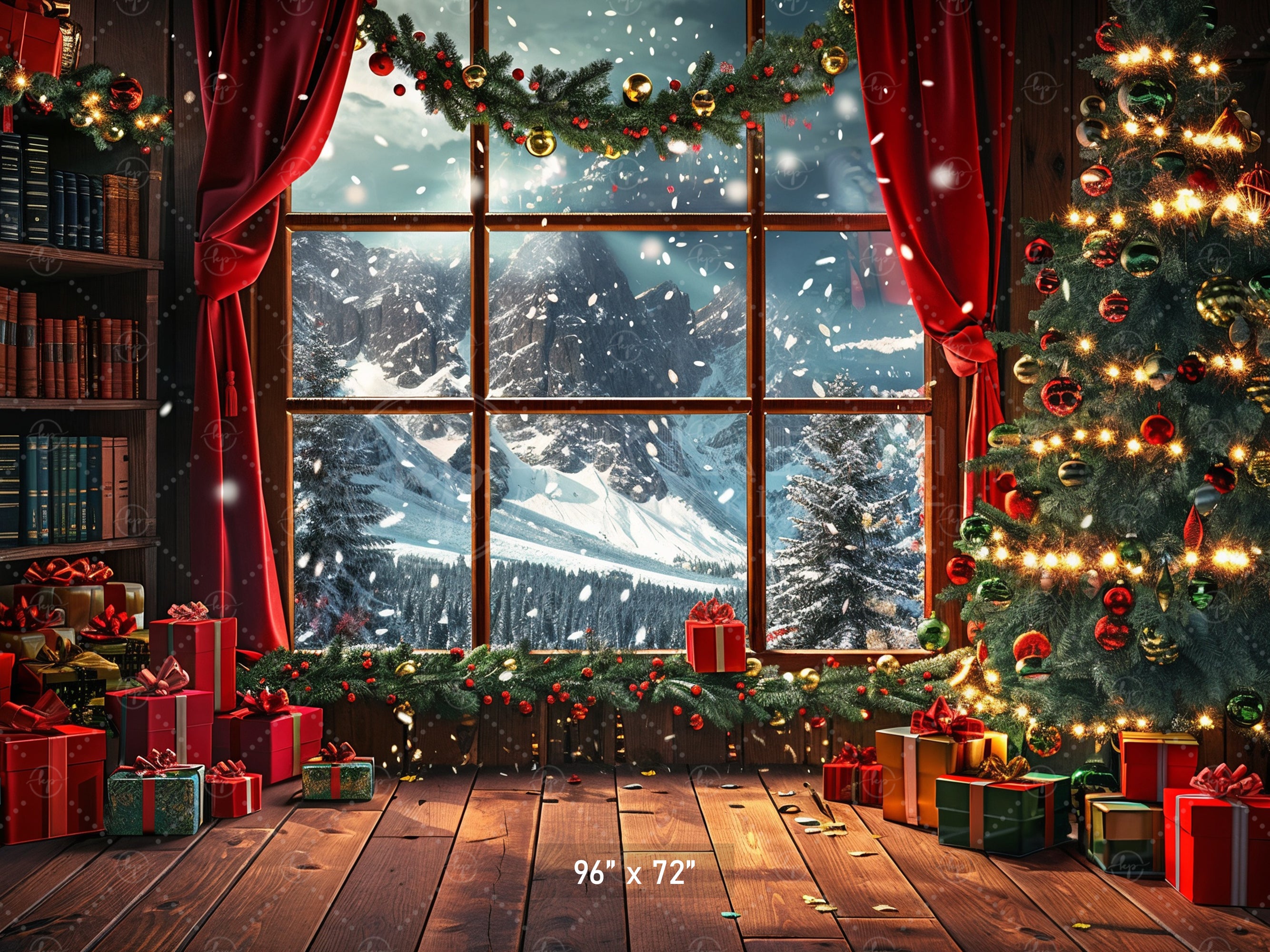 Cozy Christmas Window with Snowy Mountains Backdrop