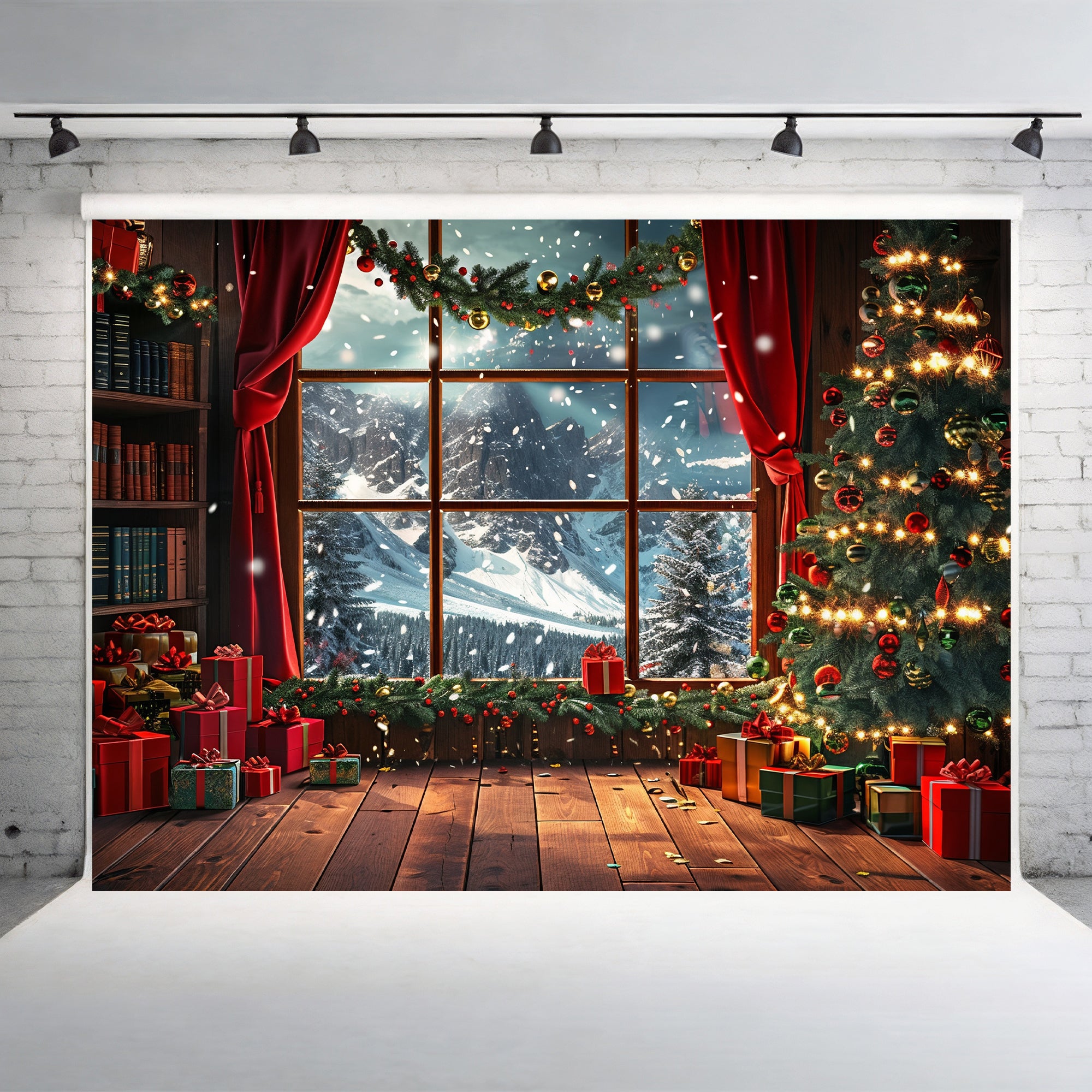 Cozy Christmas Window with Snowy Mountains Backdrop