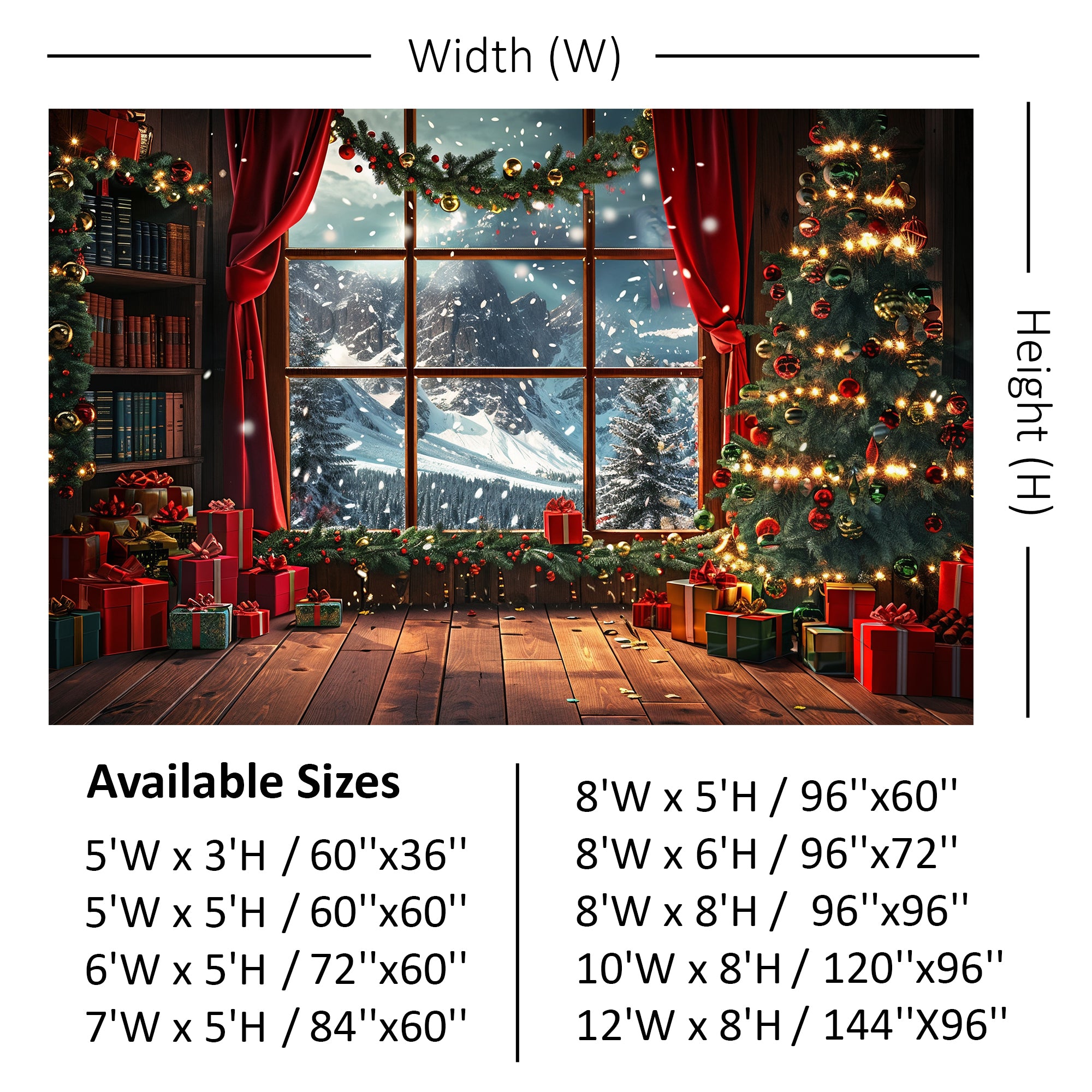 Cozy Christmas Window with Snowy Mountains Backdrop
