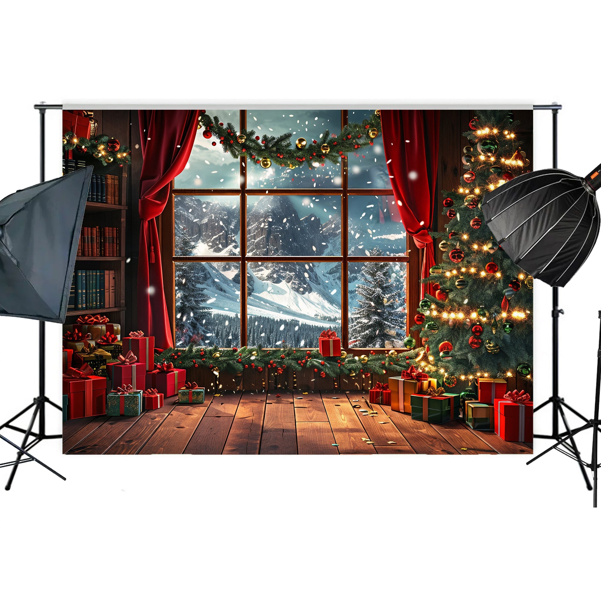 Cozy Christmas Window with Snowy Mountains Backdrop