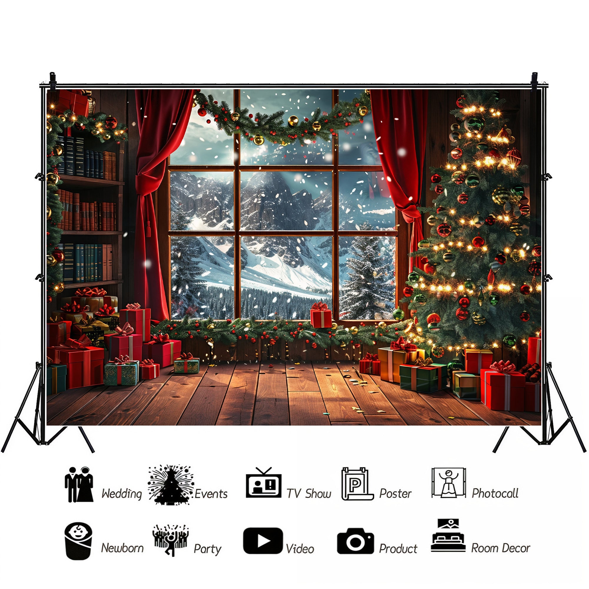 Cozy Christmas Window with Snowy Mountains Backdrop