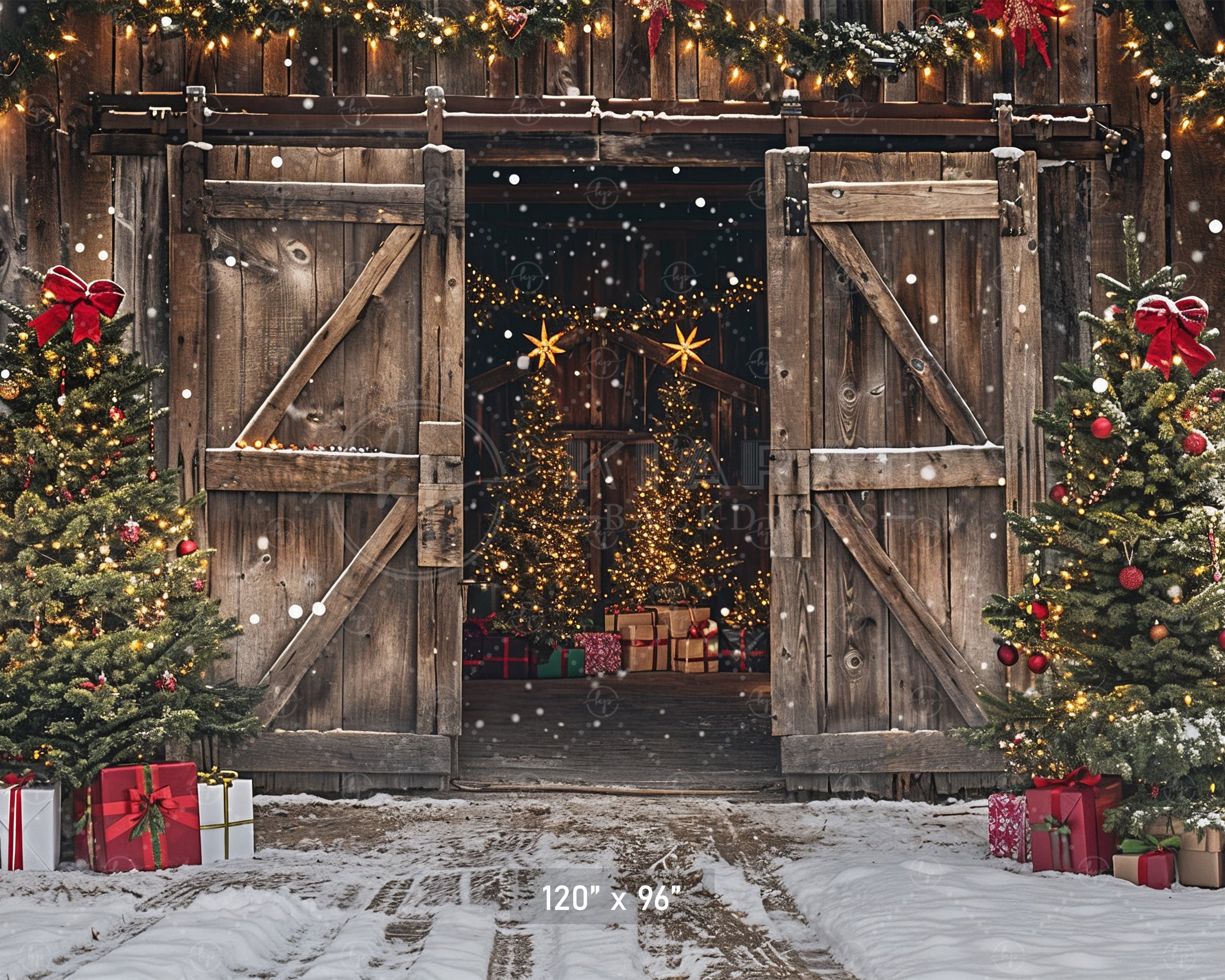 Rustic Holiday Barn Door with Christmas Trees Backdrop