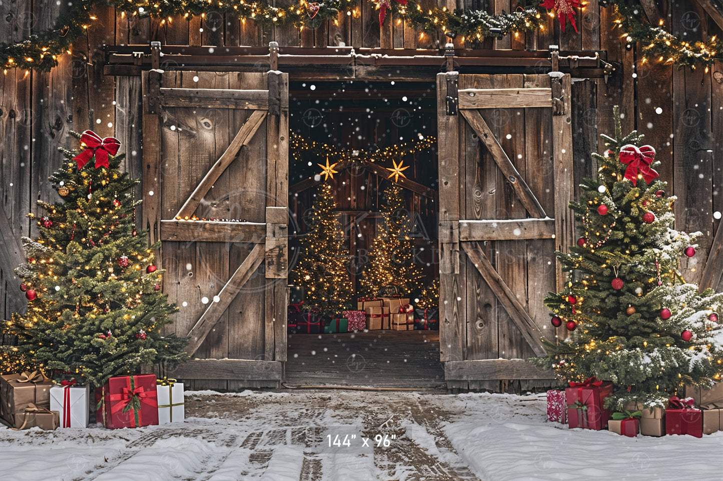 Rustic Holiday Barn Door with Christmas Trees Backdrop