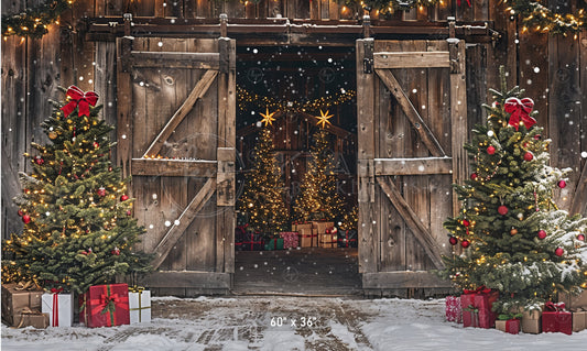 Rustic Holiday Barn Door with Christmas Trees Backdrop